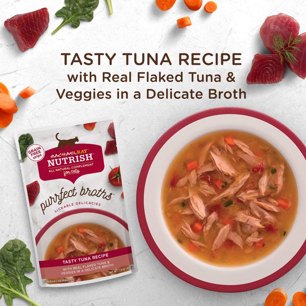 Rachael Ray Nutrish Purrfect Broths Wet Cat Food - Grain Free Tuna Recipe with Flaked Tuna & Vegetables, 1.4oz Pouch (Pack of 24) | Healthy Hydration for Indoor & Outdoor Cats, Perfect for Picky Eaters & Senior Cats