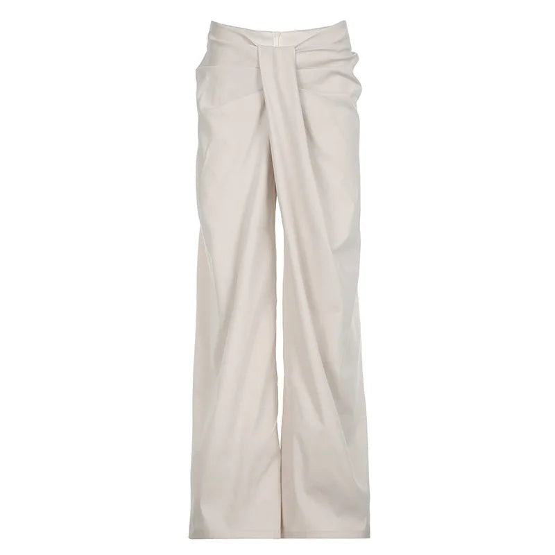 Asymmetrical Twist Low Waist Baggy Pants for Women - Casual Wide Leg Trousers in White & Black | 2024 Trendy Streetwear | Perfect for Boho Outfits, Lounge Wear & Fashionable Office Looks (Style: P77 CI40)