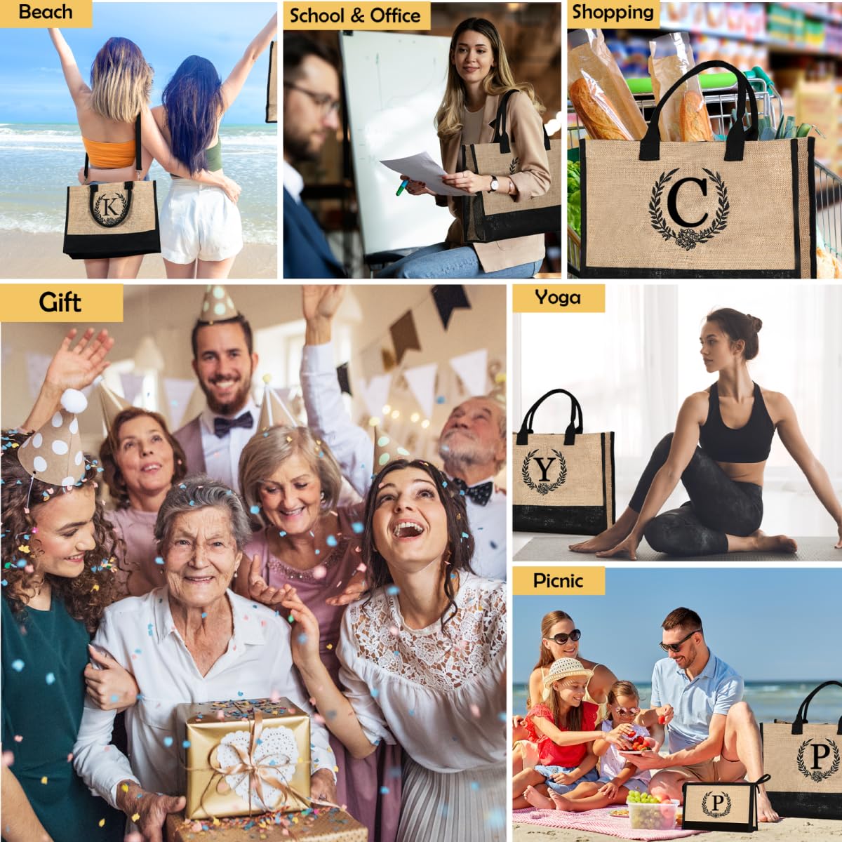 Personalized Initial Canvas Tote Bag with Zipper - Waterproof Makeup Bag, Beach Bag for Women - Great Mother's Day Gift for Mom & Grandma - Perfect for Travel, Shopping & Daily Use