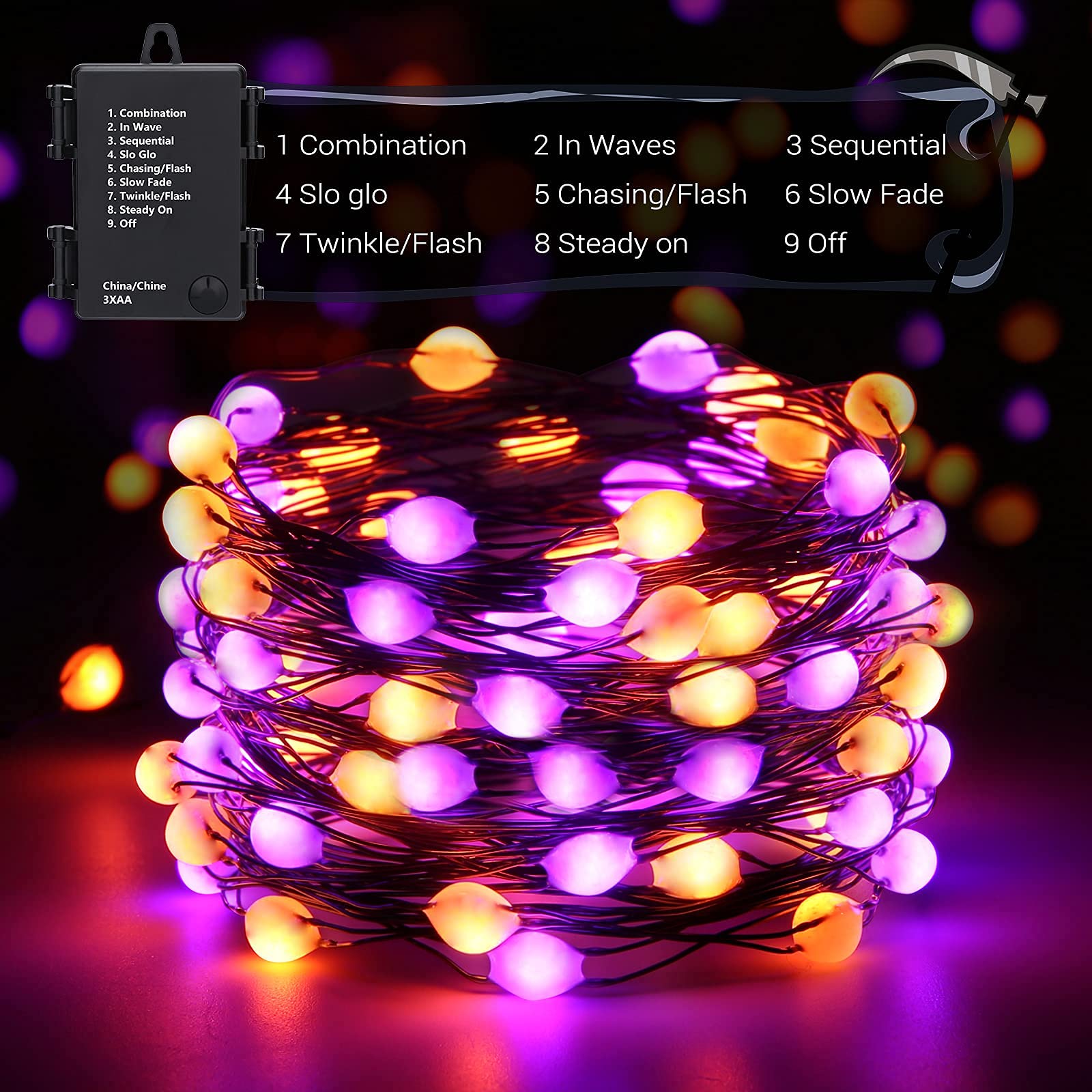 Lomotech Orange Purple Halloween Fairy Lights - 2 Pack 16.4ft 50 LED Battery Operated String Lights with Timer & 8 Modes | Waterproof Twinkle Lights for Halloween Party Decorations, Outdoor Decor, Christmas Tree, Bedroom, Garden & Wedding Decor (Black Wire)