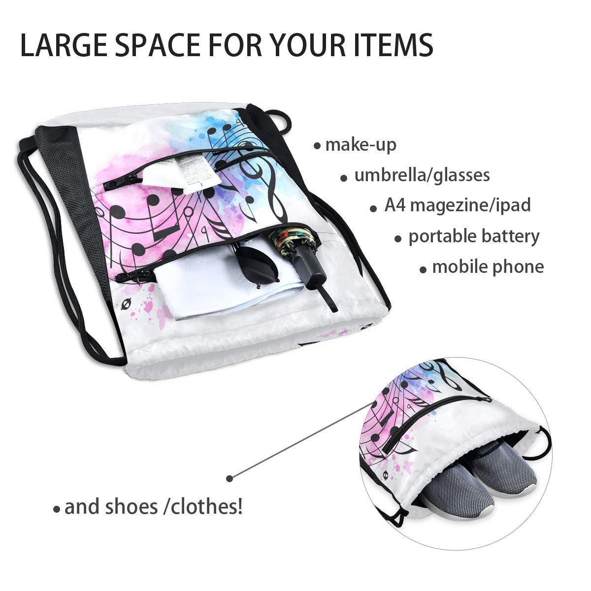 QMXO Abstract Music Notes Drawstring Backpack with Zip Pocket - Lightweight Gym Bag for Sports, Yoga, Travel - Unisex Daypack for Men, Women, Boys & Girls - Perfect for School, Workout, Beach & Outdoor Activities
