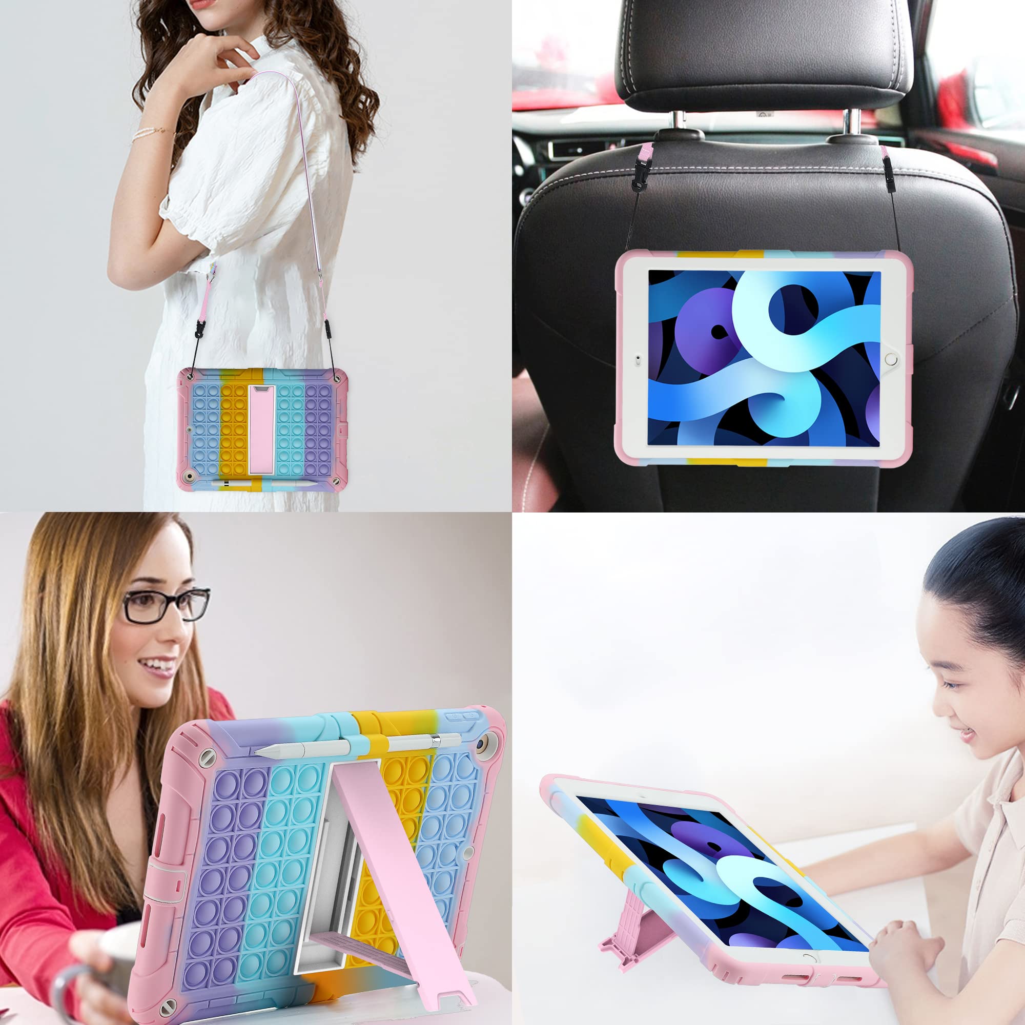 Shockproof iPad Case for iPad 6th/5th Gen (9.7 inch 2018/2017), iPad Air 2 & iPad Pro 9.7 - Rainbow Design with Pencil Holder & Strap - Perfect for Work, School & Travel Protection
