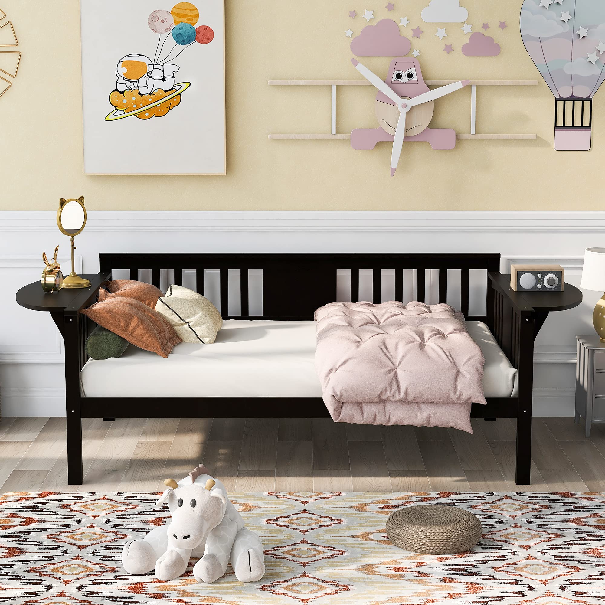 Twin Size Wooden Daybed with 2 Side Tables & 8-Slat Support - No Box Spring Needed - Espresso Finish - Perfect for Guest Rooms, Dormitories & Small Spaces