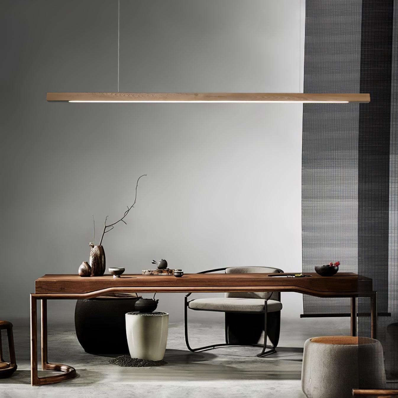 Modern Linear Wooden Pendant Light - Natural Wood Chandelier for Kitchen Island, Dining Room & Bedroom Lighting - Scandinavian Style Hanging Light Fixture