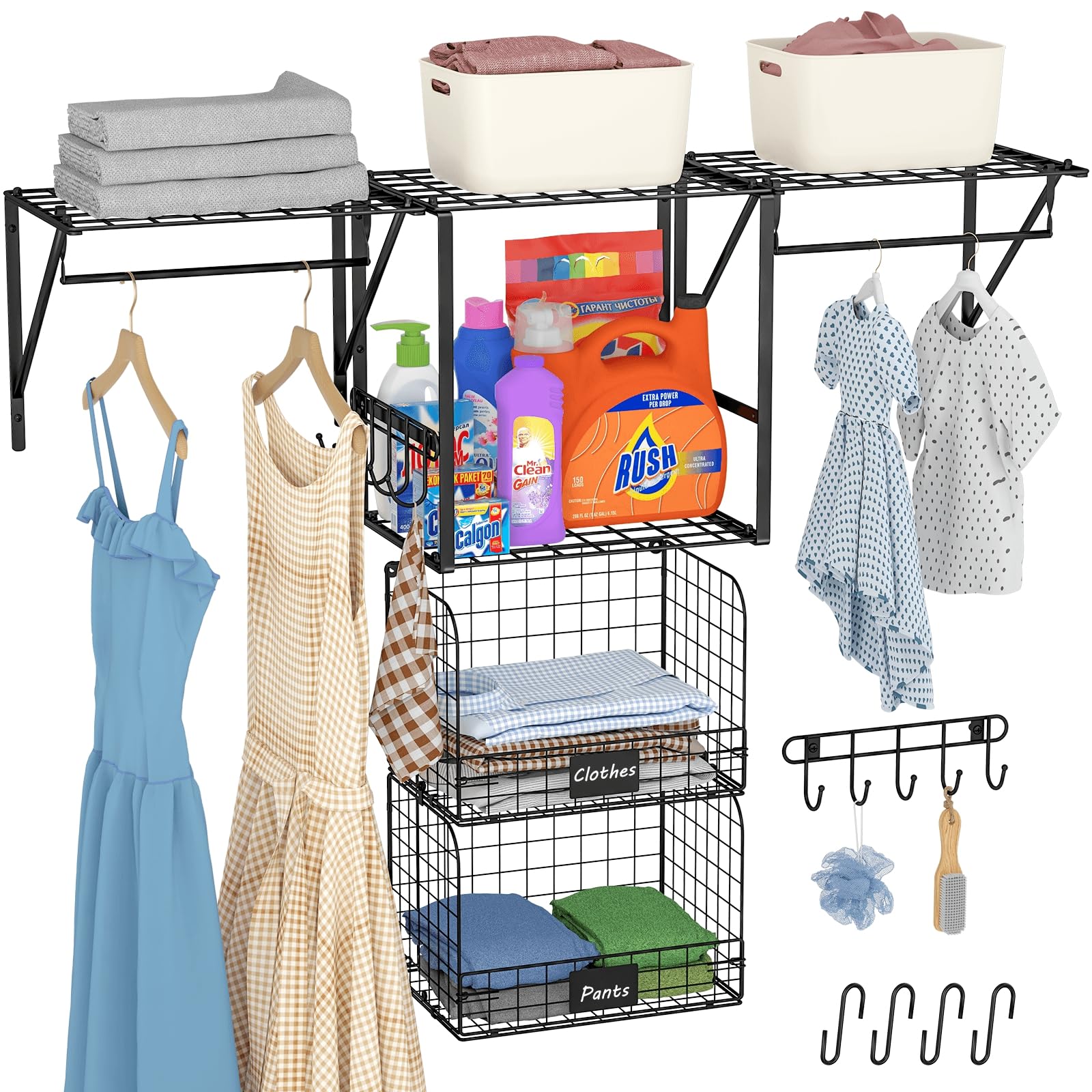 3 Pack Laundry Room Shelves with Wire Storage Baskets - Over Washer and Dryer Organizer with Hanging Rods & Hooks - Space Saving Laundry Storage Solution for Small Spaces, Closets and Utility Rooms