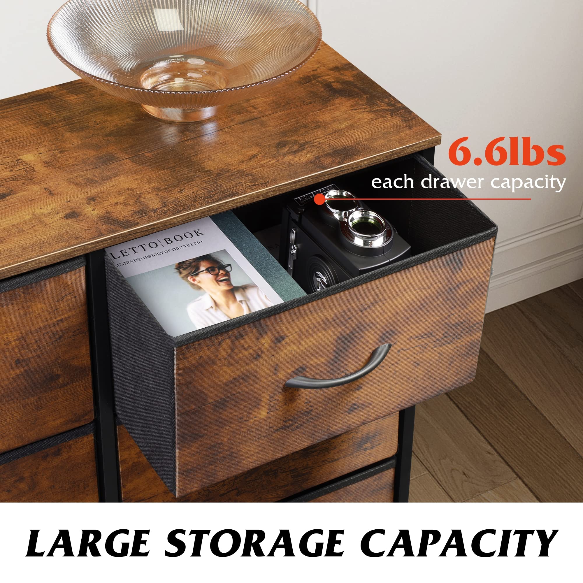 WLIVE 6-Drawer Fabric Dresser for Bedroom - Rustic Brown Wood Grain Storage Tower with Removable Fabric Bins - Perfect for Closet Organization, Living Room Storage & Hallway Decor