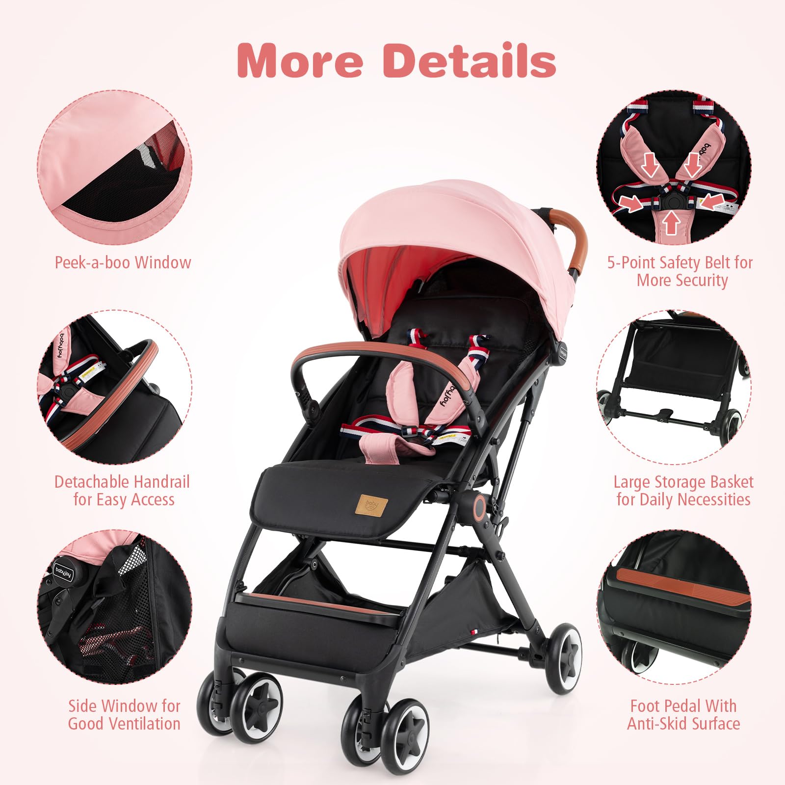 BABY JOY Lightweight Compact Baby Stroller for Travel - Airplane Approved Infant Stroller with 5-Point Safety Harness, Adjustable Backrest & Canopy, Large Storage Basket - Easy One-Hand Fold (Pink) | Perfect for Air Travel, Shopping, and Everyday Walks with Your Toddler