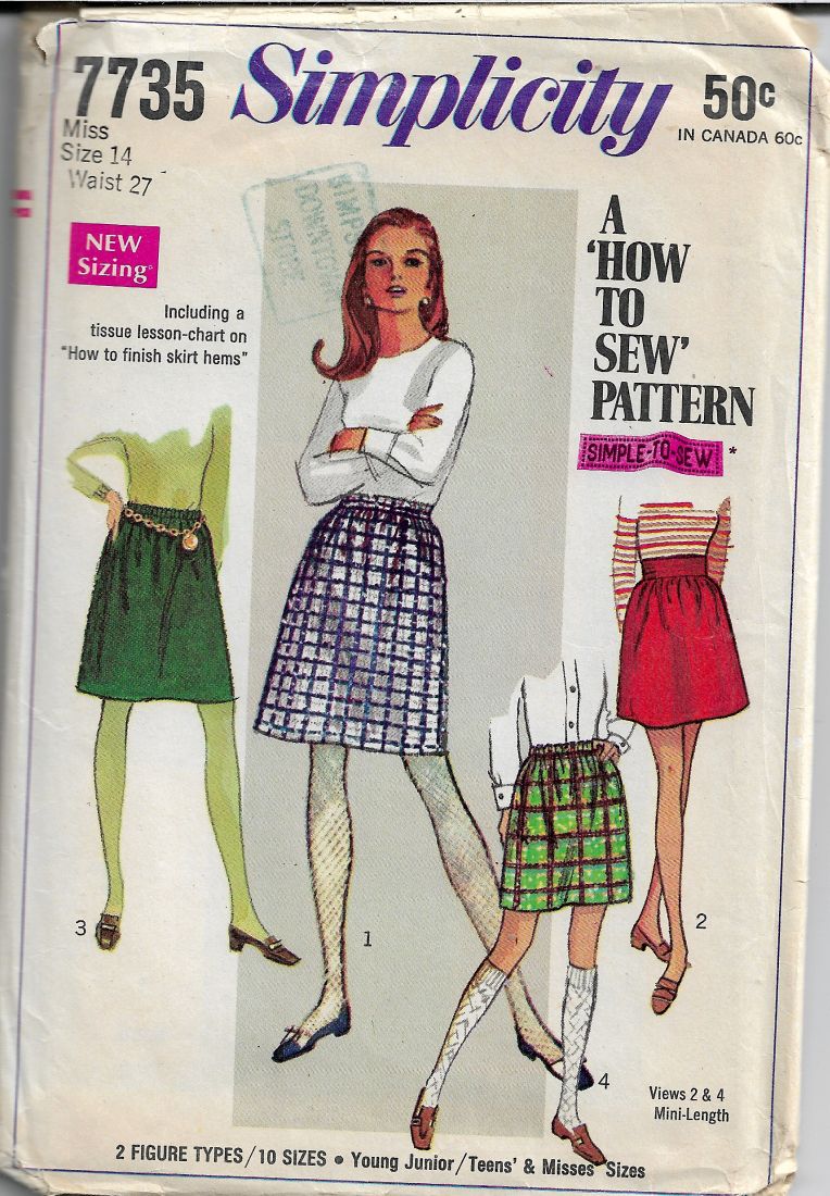 Vintage 1960s Ladies Mini Skirt Sewing Pattern - Simplicity 7735 - DIY Retro Fashion for Costume Parties & Historical Reenactments