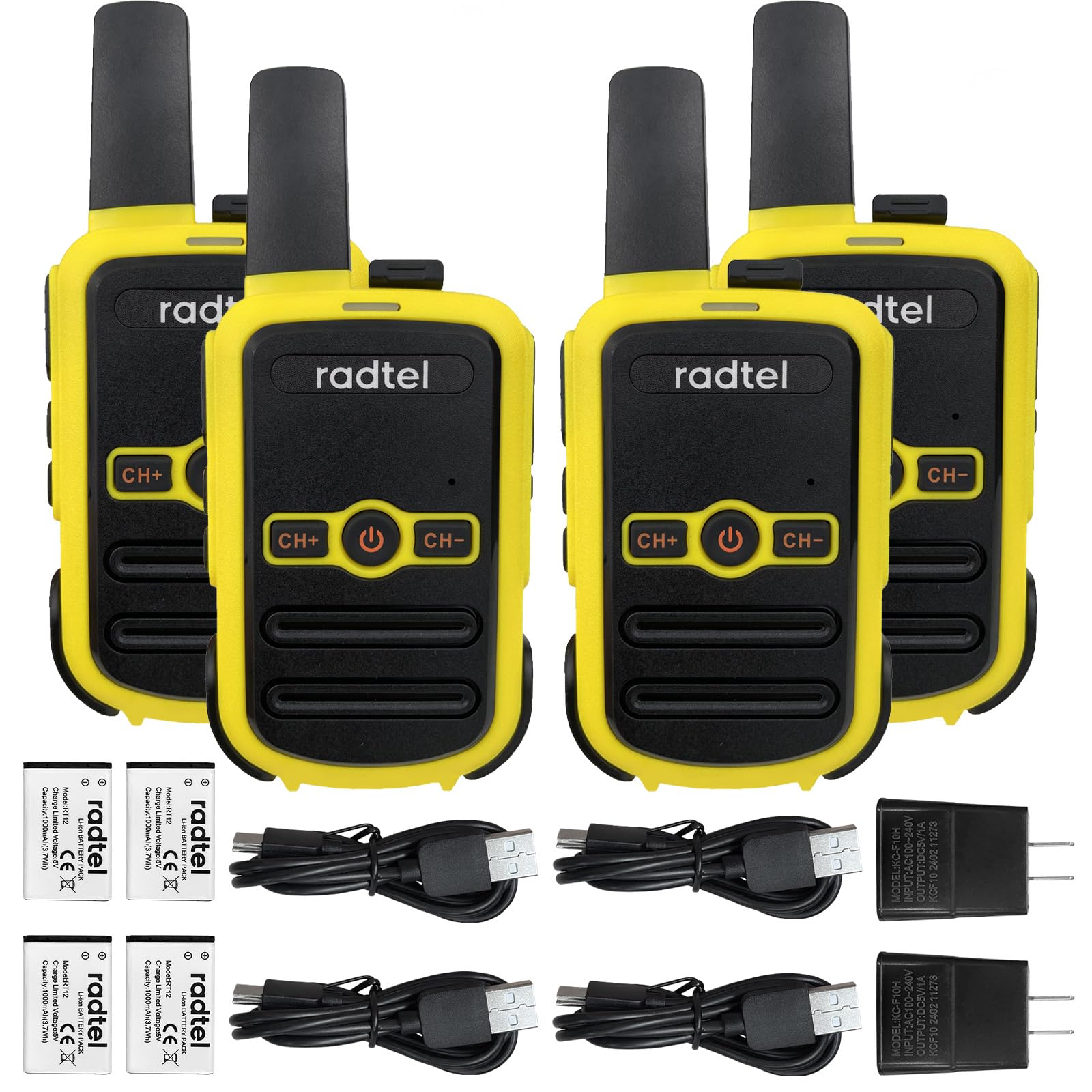 Radtel RT12 PMR 446 Walkie Talkies (4 Pack) - 16 Channel Rechargeable Two-Way Radios with USB Charging, CTCSS/DCS, License-Free for Construction, Restaurant, Supermarket - Yellow | Ideal for Team Communication, Outdoor Activities & Emergency Use