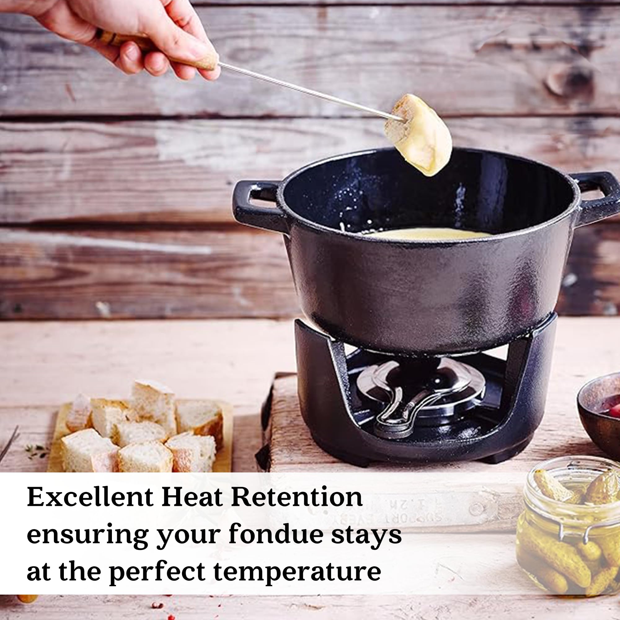 Alva Nori 2 Qt Enameled Cast Iron Fondue Set with 8 Wooden Forks & Adjustable Burner - Non-Toxic Cheese, Chocolate, and S'mores Fondue Pot - PFOA-Free, Easy Clean Melting Pot for Parties, Date Nights, and Family Gatherings