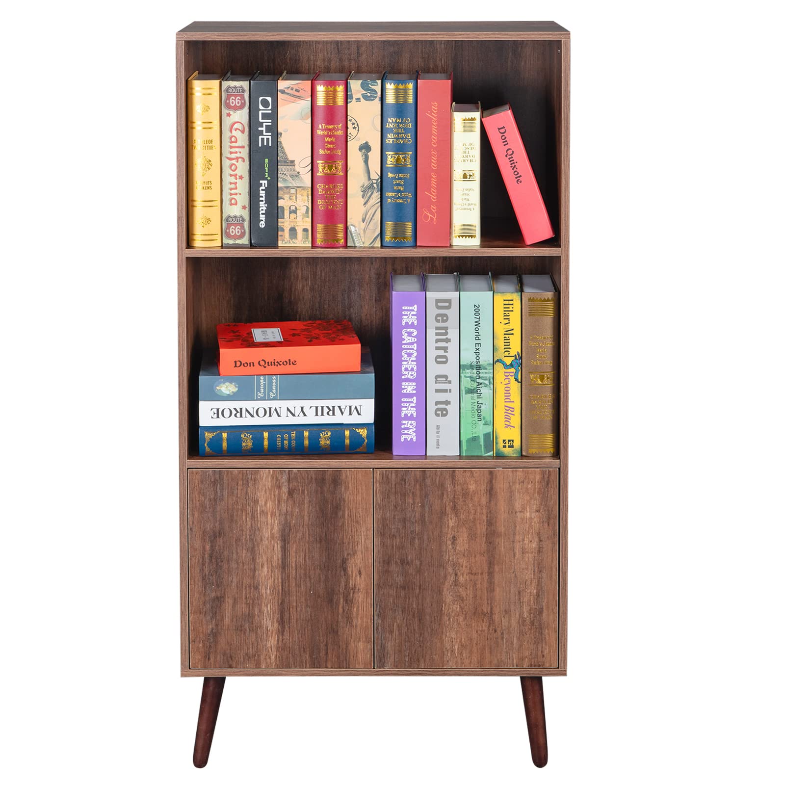 2-Tier Bookcase with Doors - Walnut Storage Cabinet for Books, Photos & Decor | Perfect for Living Room, Office & Library Organization