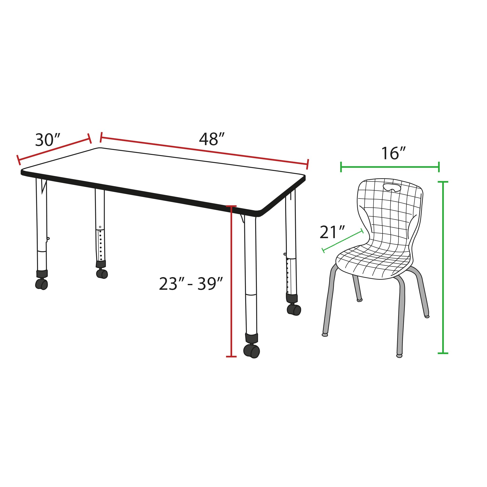 Regency Kee Height Adjustable Mobile Classroom Table Set with Two 18