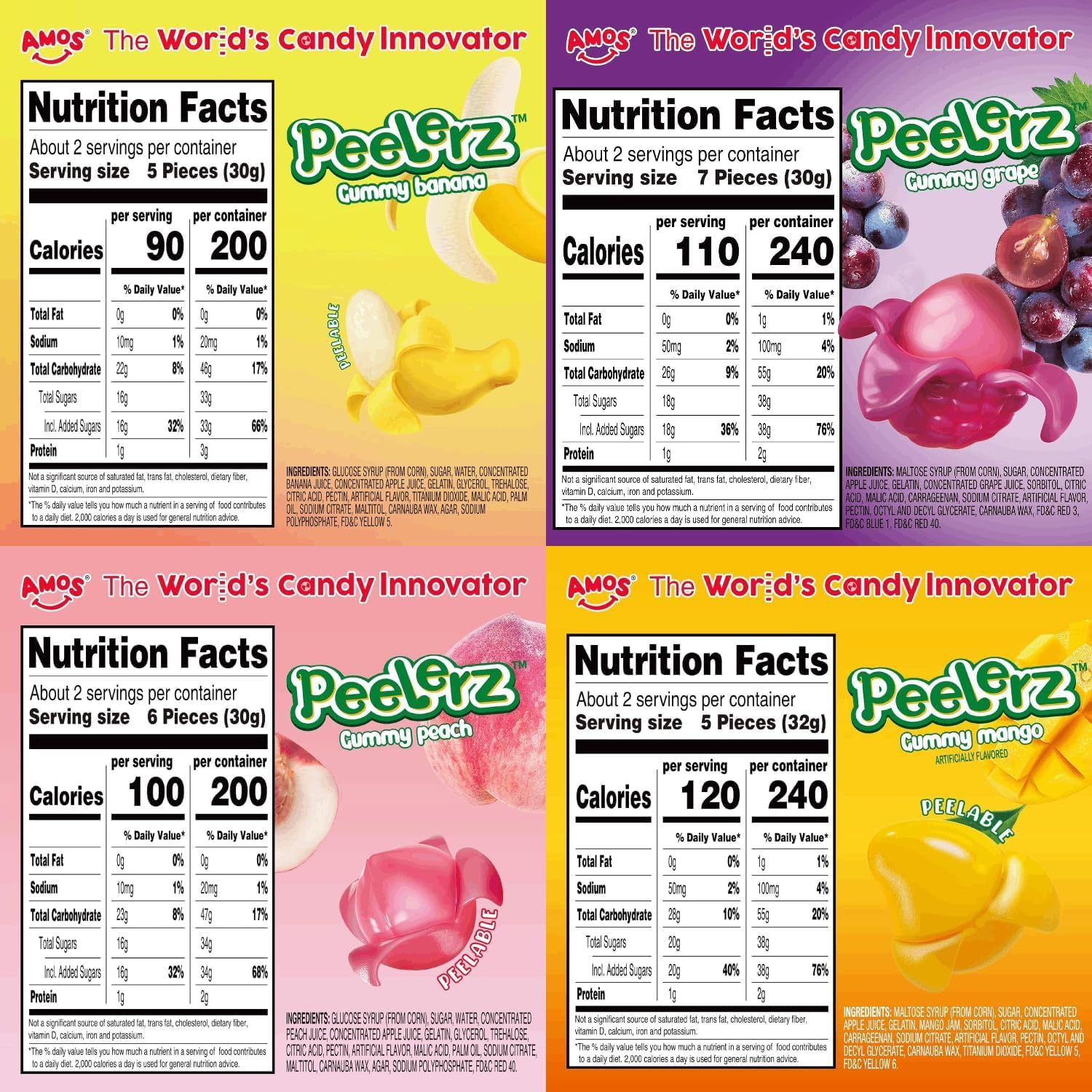 Amos Peelerz Gummy Peeling Candy - Assorted Fruit Flavors, Peelable Fruit Snacks, Resealable 2.19oz Bags (4 Pack) - Perfect for Lunchboxes, Party Favors & On-the-Go Snacking