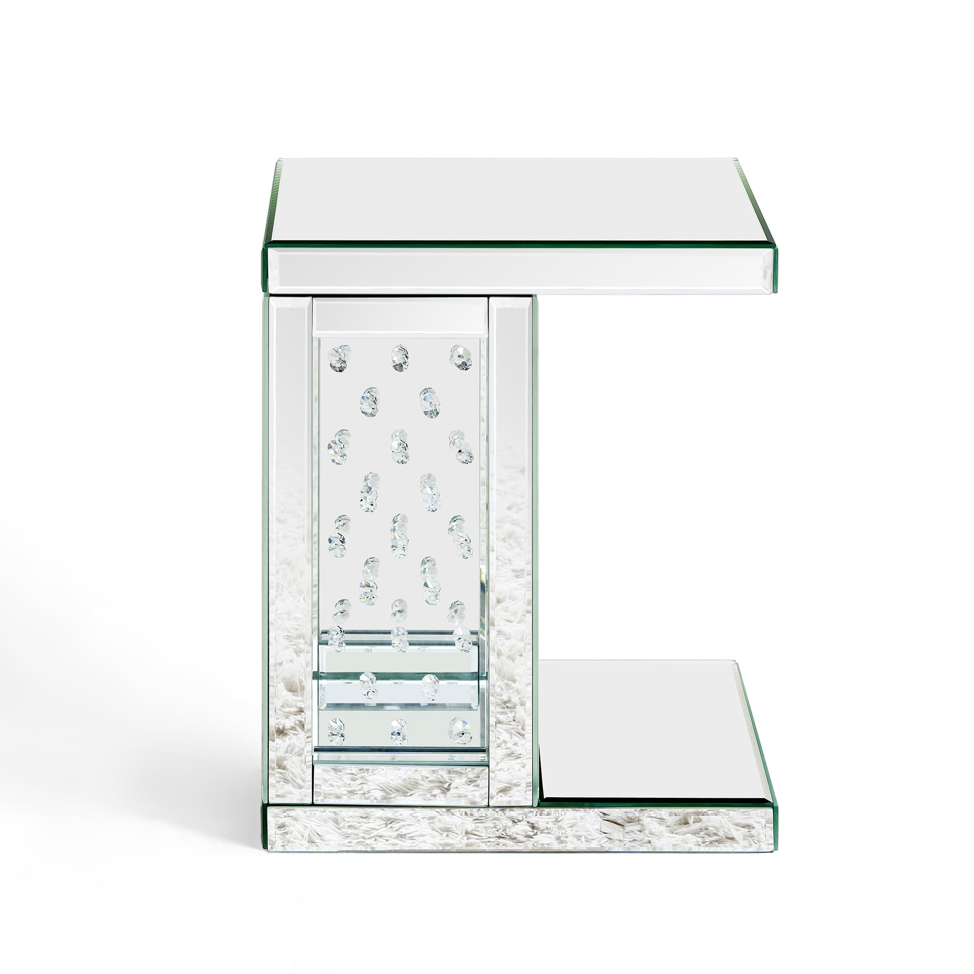 Mirrored C-Shaped End Table with Crystals - Accent Side Table for Sofa & Couch, Small Space Living Room & Bedroom Decor - Perfect for Holding Drinks, Books & Decor Items
