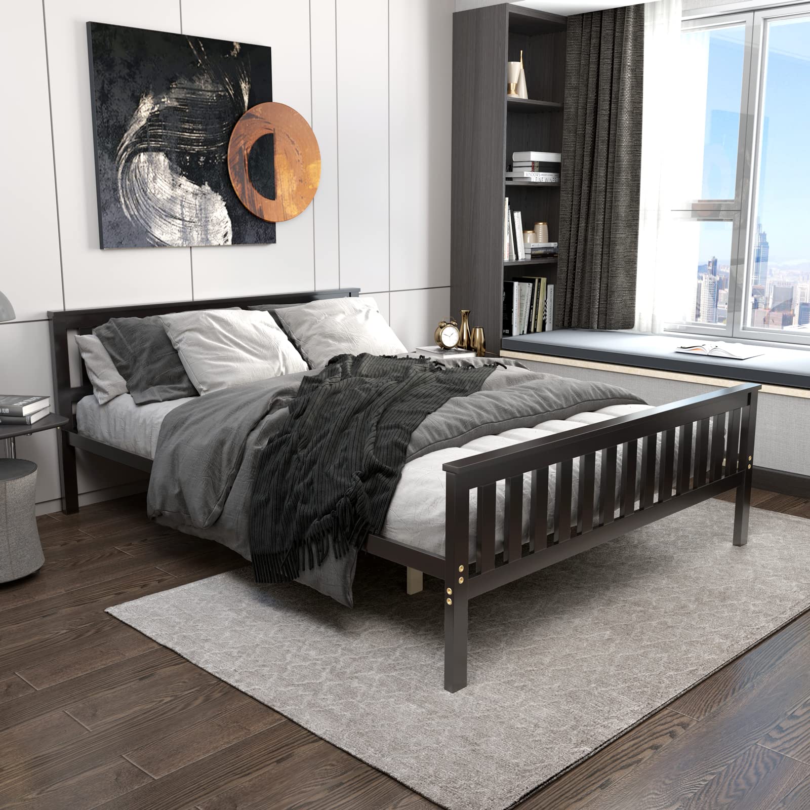 KOMFOTT Solid Wood Queen Bed Frame with Headboard & Footboard - 8-Slat Platform Mattress Foundation, 12