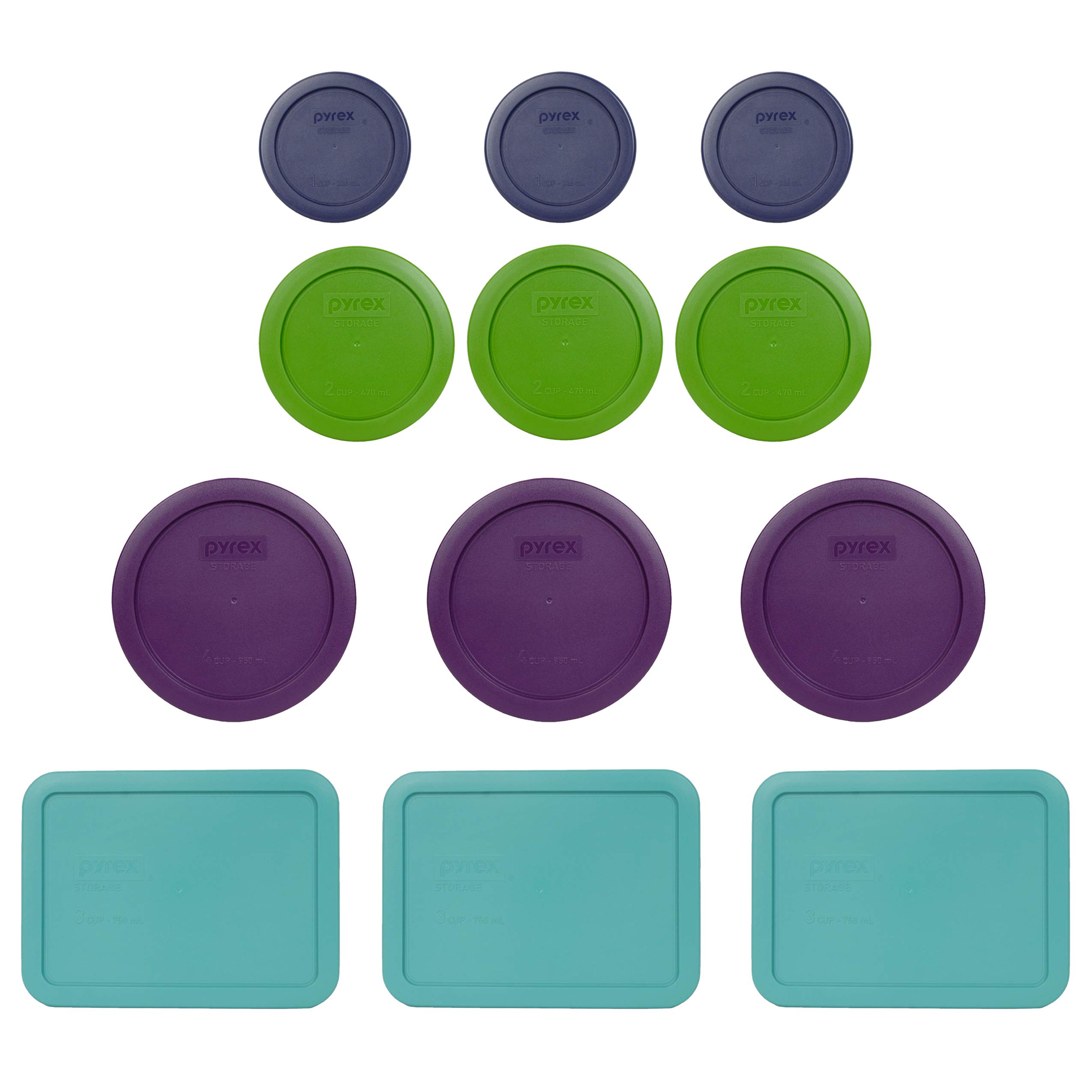 Pyrex 3-Piece Plastic Replacement Lids Set - 1-Cup, 2-Cup, 3-Cup & 4-Cup Sizes - Turquoise, Purple, Lawn Green & Dark Blue - Made in USA - Perfect for Food Storage, Meal Prep & Leftovers