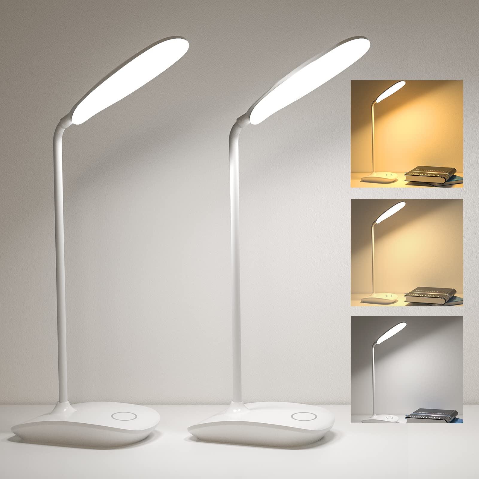 DEEPLITE Battery Operated LED Desk Lamp - 3 Stepless Dimming Modes, 5W Touch Control Eye-Caring Light, Adjustable Gooseneck for Dorm, Study, Bedroom - Portable Reading Light (Set of 2) | Perfect for Night Reading, Office Work & Home Decor