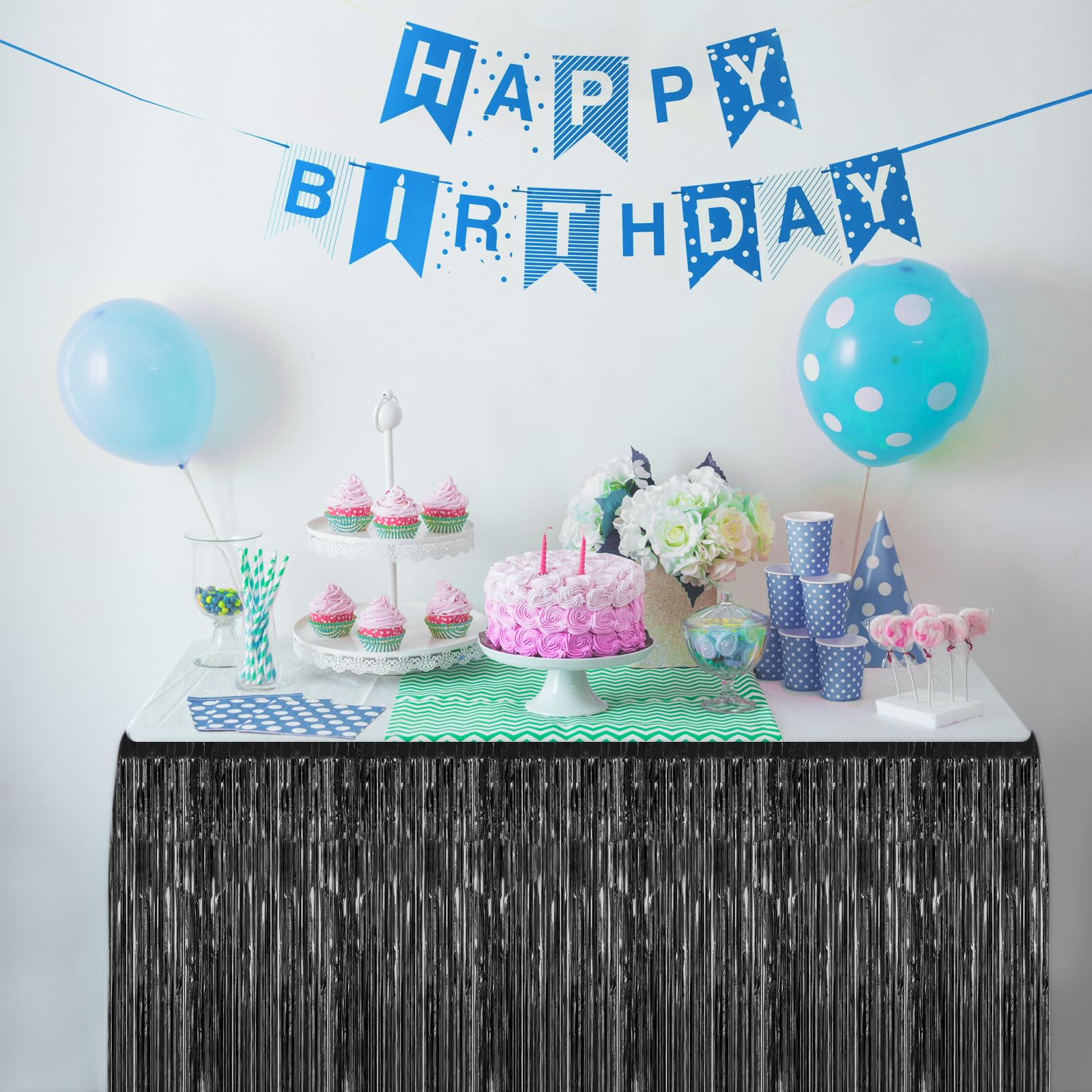 2 Pack 29.5x108 Inch Black Foil Tinsel Fringe Table Skirts - Disposable Party Decor for Wedding, Baby Shower, Birthday & Mardi Gras - Perfect for Rectangle Tables, Backdrops, Parade Floats & Event Decorations