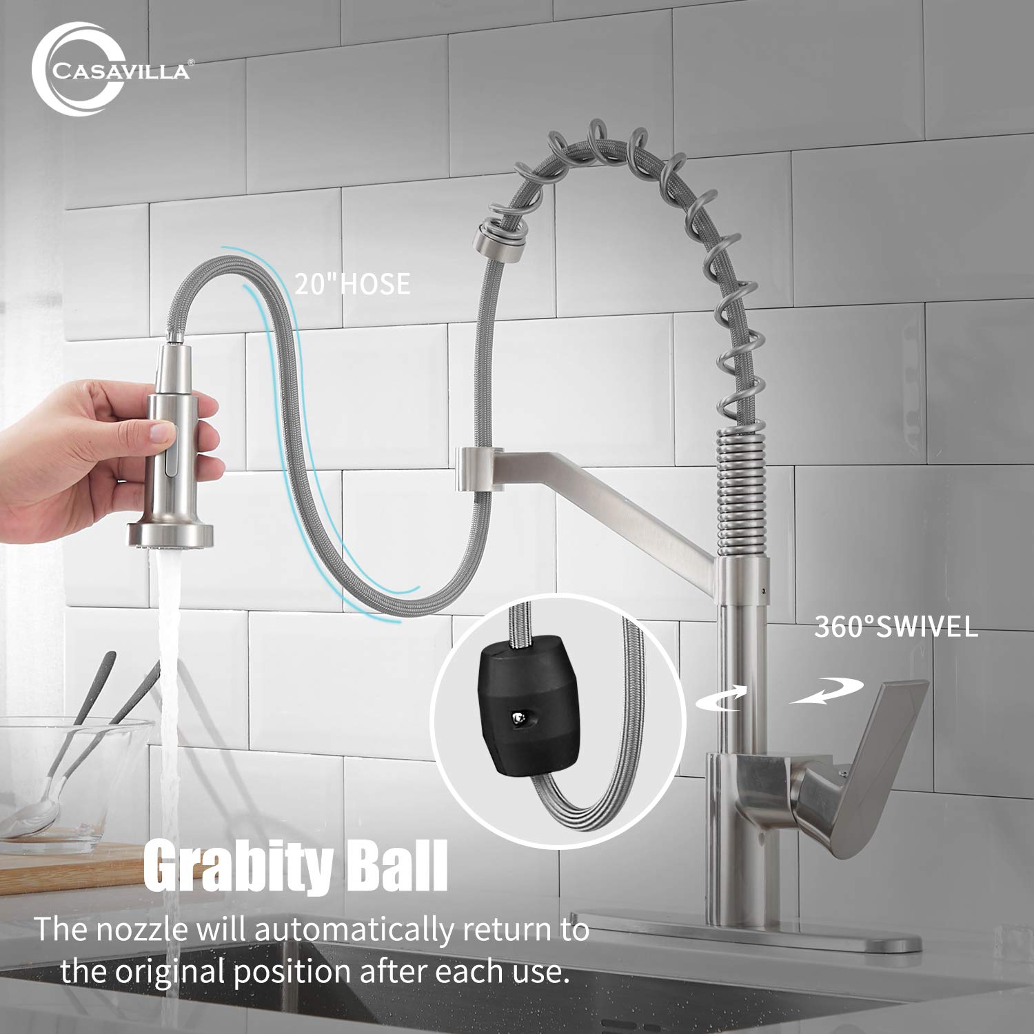 Single Handle Pull Down Sprayer Kitchen Faucet with Deck Plate, Brushed Nickel Brass Sink Faucet for Modern Kitchens - Perfect for Washing Dishes and Food Prep