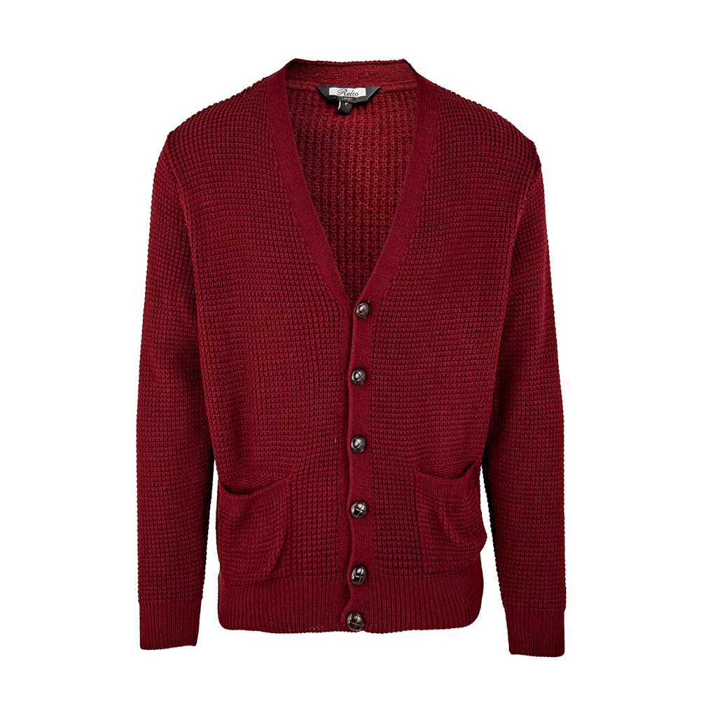 Relco Men's Waffle Knit Retro 60s Button Cardigan Sweater - Burgundy Red Vintage Style for Casual Wear & Fall Fashion | Perfect for Coffee Dates, Office Outfits & Autumn Layering