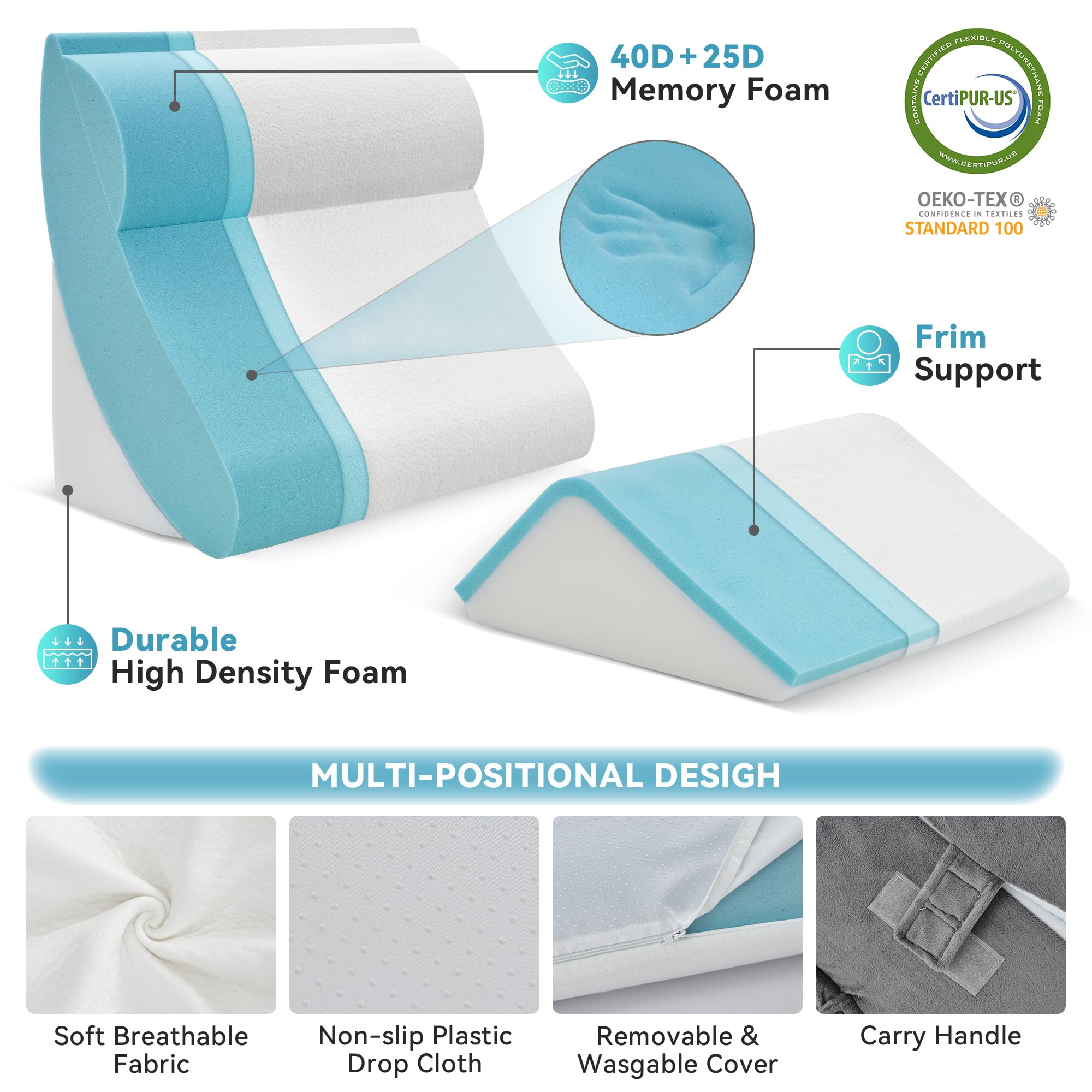 Kingfun 4-Piece Orthopedic Bed Wedge Pillow Set - Post Surgery Memory Foam Support for Sleeping, Adjustable Leg, Back & Arm Rest - Ideal for Sitting Up, Recovery & Travel with Included Carry Bag - Perfect for Home, Hospital & Post-Op Comfort