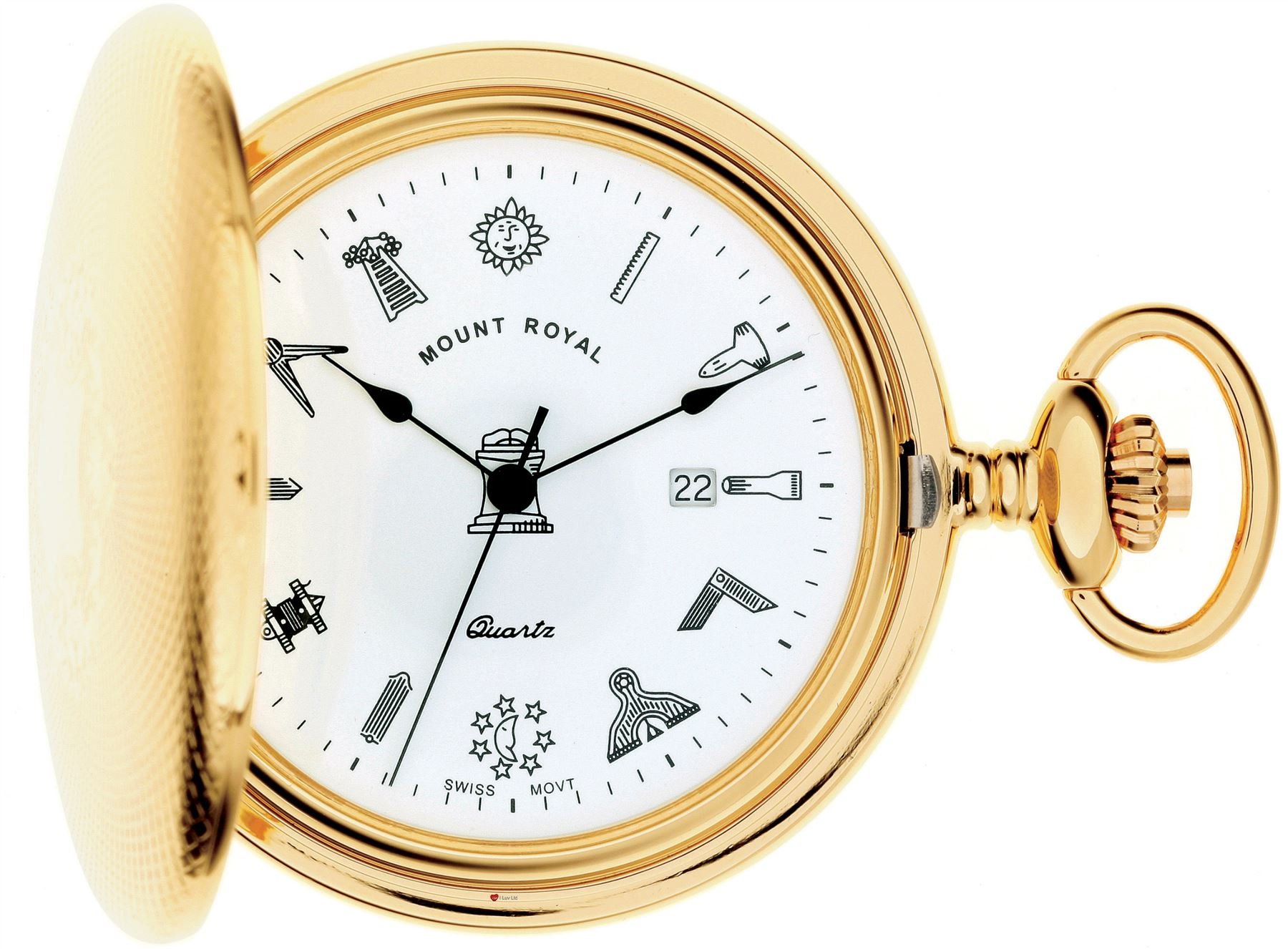 Antique Gold Plated Masonic Pocket Watch with Date Display & Engraved Milled Lid - Classic Chain for Men - Perfect for Collectors, Gifts & Formal Occasions