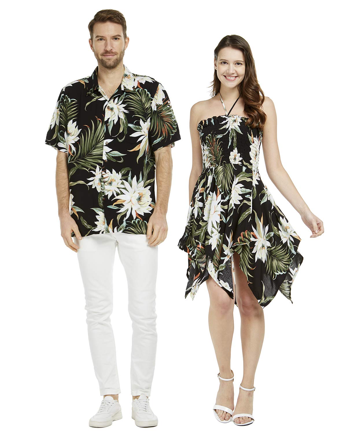 **Matching Couple Hawaiian Luau Aloha Shirt & Gypsy Dress - Wispy Cereus Black - Tropical Vacation Outfits for Beach Parties & Summer Getaways**