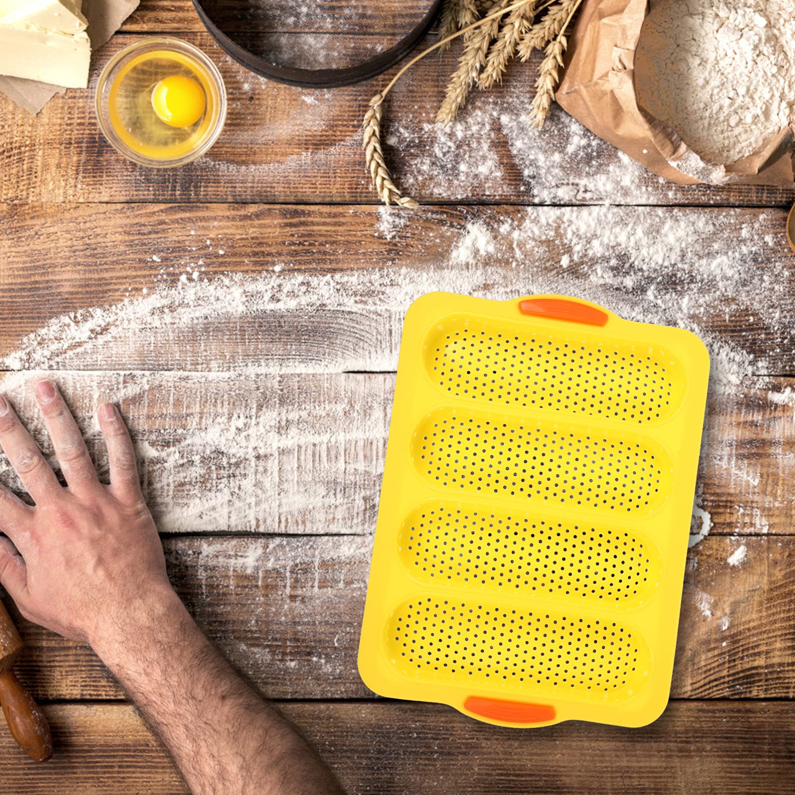 Nonstick Silicone Bread Loaf Pan - 4 Loaf Perforated French Bread Baking Tray for Oven Cooking | Perfect for French Toast, Italian Bread & Homemade Artisan Baking | Durable & Easy Clean Yellow Silicone Pan
