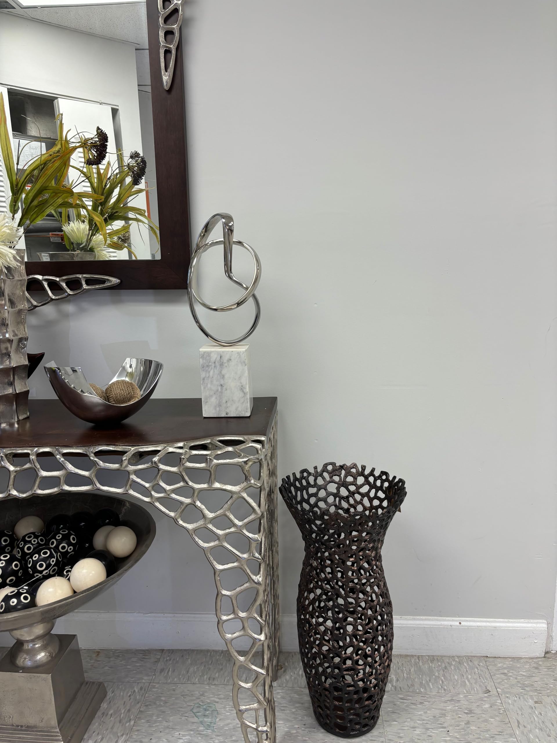 Modern Day Accents 4109 Lazo Abstract Sculpture - Silver & White Large Marble Home Decor for Living Room, Office or Tabletop - 17.5