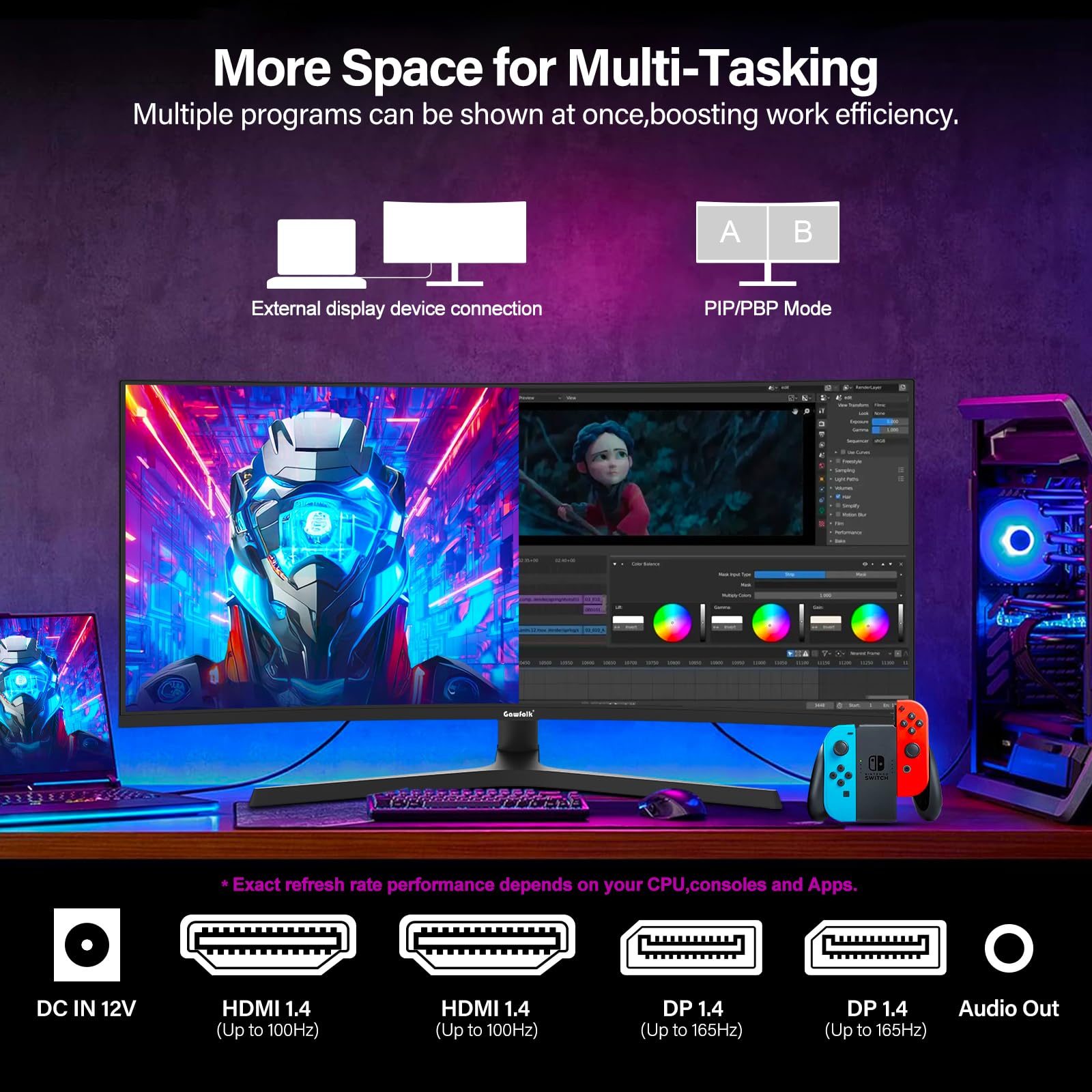 34 Inch Curved Gaming Monitor - 1500R Ultrawide PC Screen, 165Hz/144Hz Refresh Rate, Height Adjustable Stand, AMD FreeSync, HDMI & DP Ports, VESA 75x75mm Wall Mount (No Built-in Speakers) - Perfect for Immersive Gaming, Streaming & Office Work