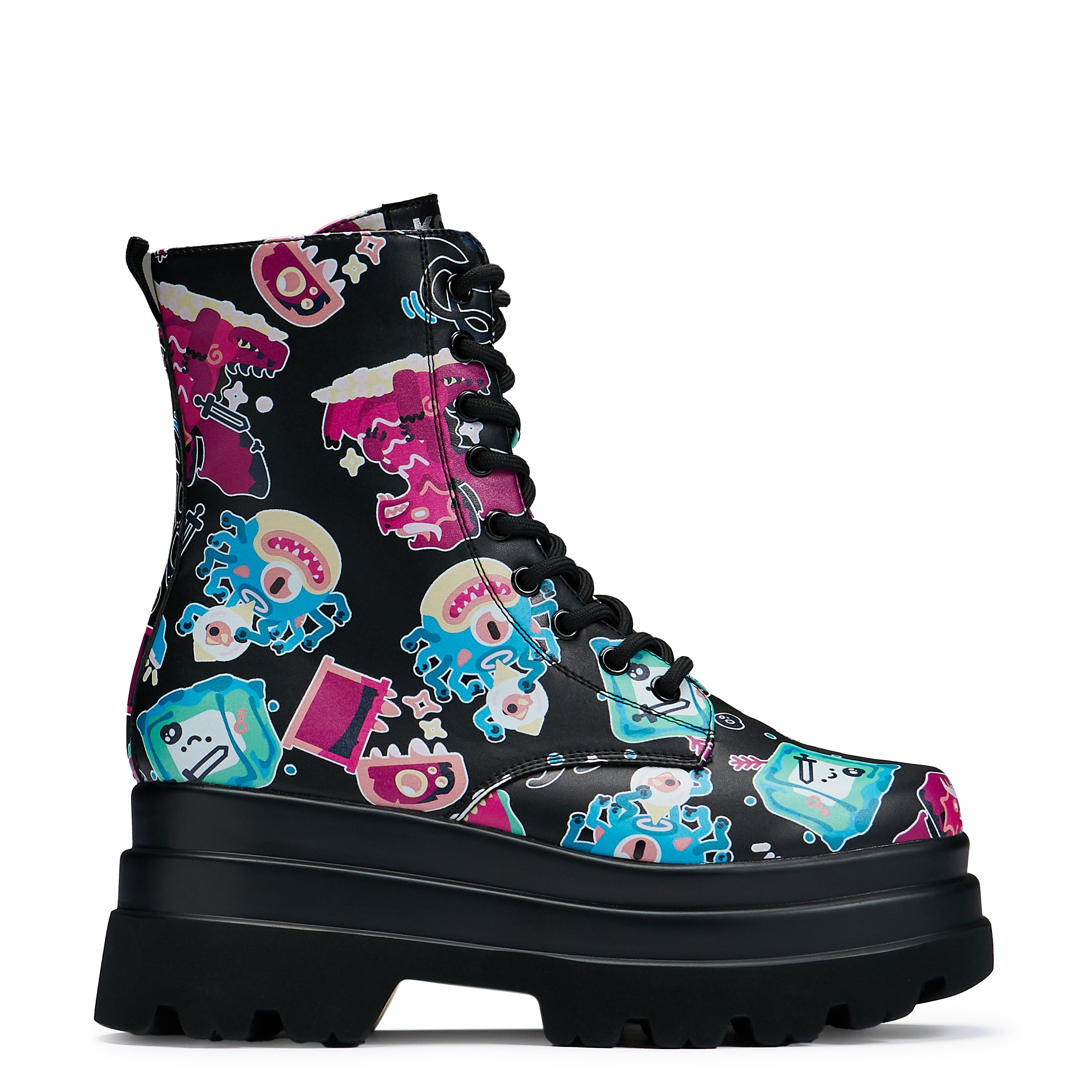 L’otta Monsters Trident Platform Boots - Black Multi Color Chunky Combat Boots for Women | Gothic Punk Fashion, Cosplay & Streetwear Outfits