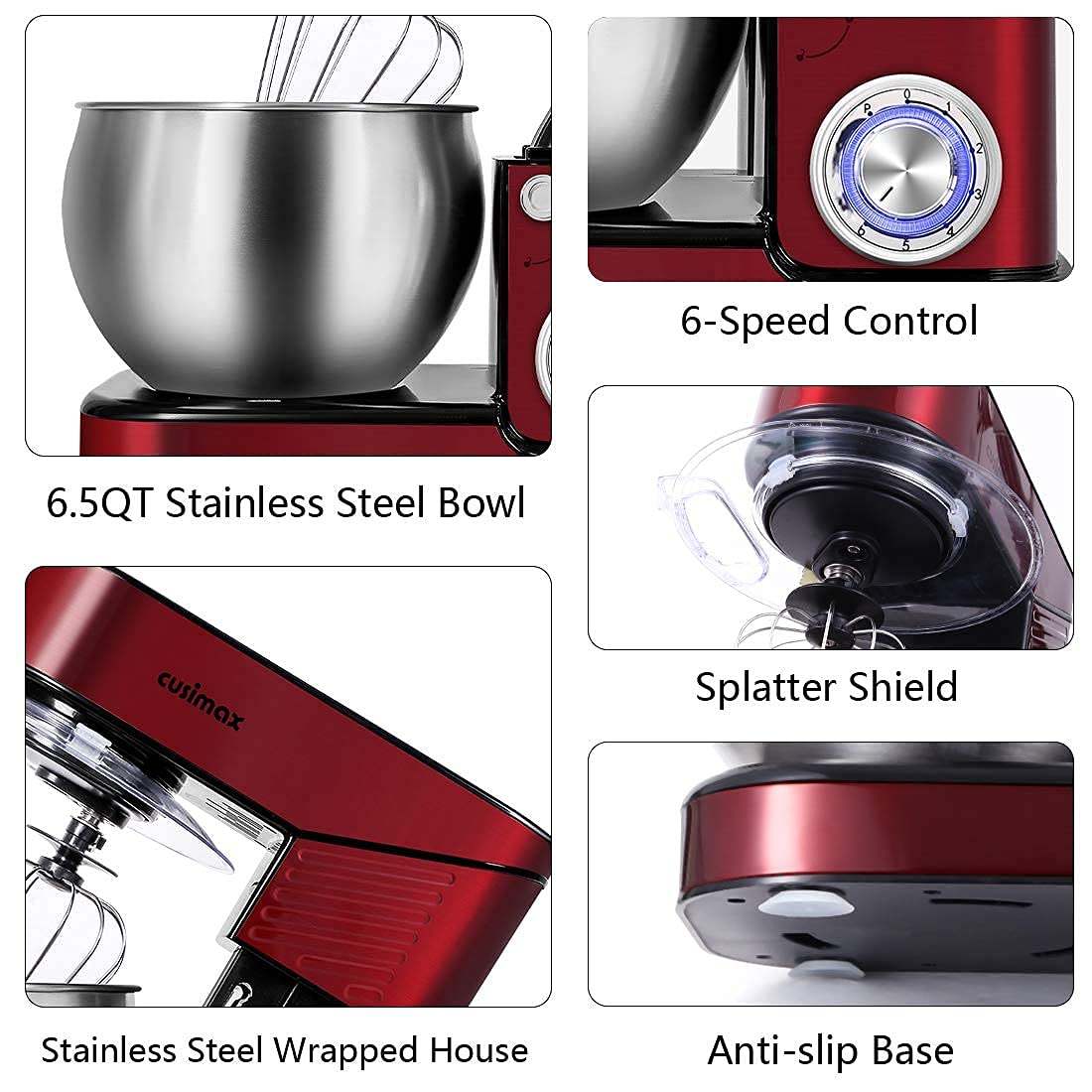 CUSIMAX 6.5QT Stand Mixer - 6-Speed Tilt-Head Electric Dough Mixer with Stainless Steel Bowl, Dough Hook, Wire Whisk & Flat Beater - Perfect for Baking Bread, Cakes, Cookies & More - Red Kitchen Mixer for Home Bakers