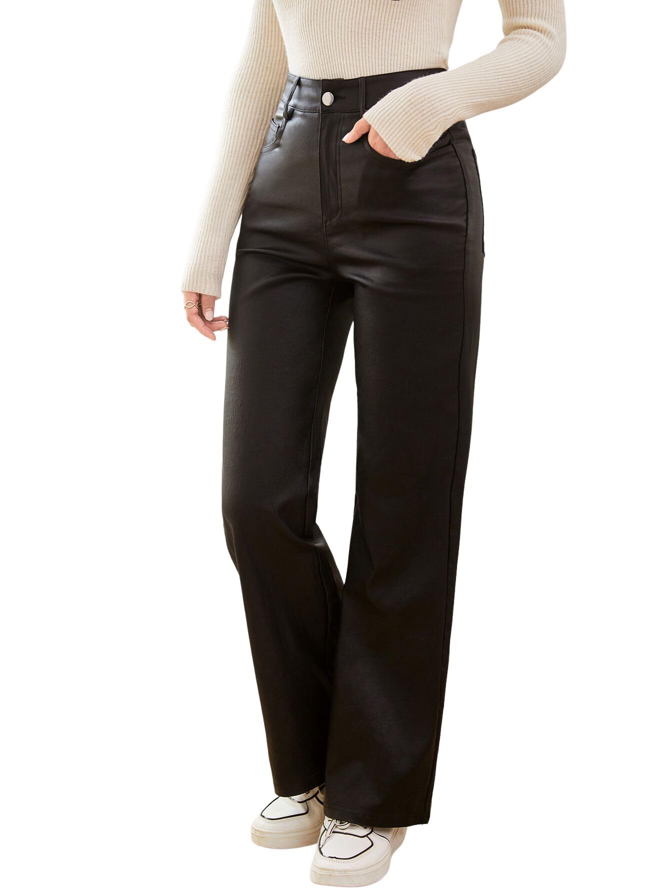 Verdusa Women's High Waist Leather Leggings with Pockets - Straight Wide Leg PU Pants for Work, Night Out & Casual Wear | Fashionable & Comfortable Stretch Faux Leather Pants