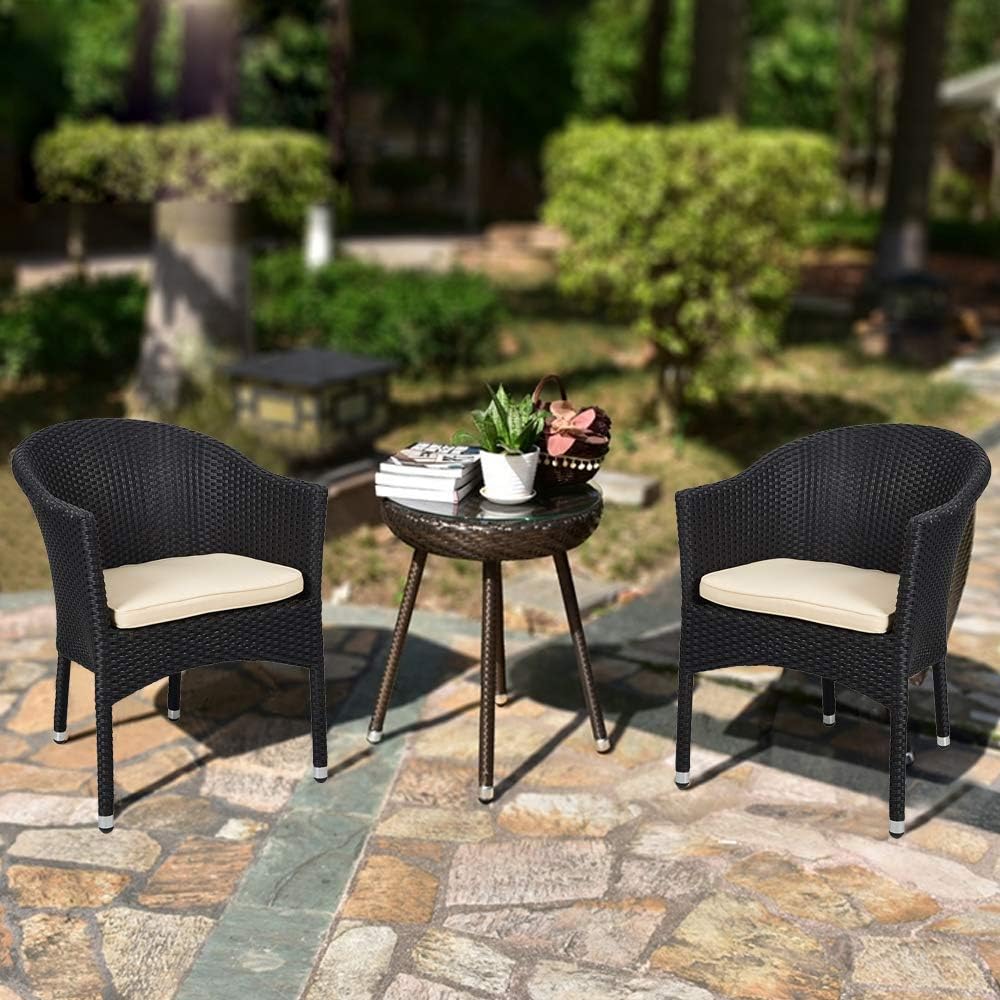 LUCKYERMORE Outdoor Wicker Dining Chairs with Soft Cushions - Stackable Rattan Plastic Armchairs for Patio, Garden, Lawn & Home Furniture (Black) | Perfect for Backyard BBQs, Poolside Lounging & Al Fresco Dining
