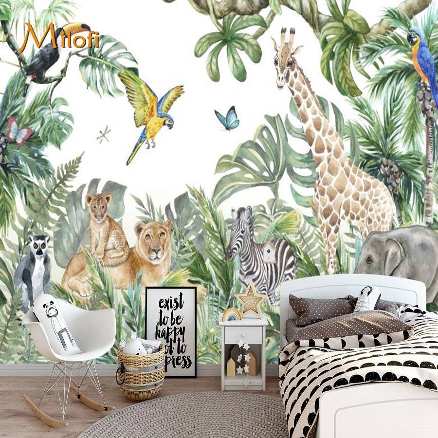 Jungle Friends Mix Gathering Wallpaper Mural - Vibrant Tropical Animal Theme Peel and Stick Wall Decal for Kids Room, Nursery, Playroom Decor