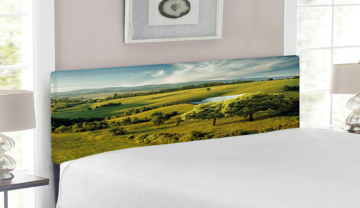 Ambesonne Green Upholstered Headboard - Scenic Landscape with Lake, Blue Sky & Meadow, Queen Size Memory Foam Bed Headboard | Perfect for Bedroom Decor & Countryside Theme