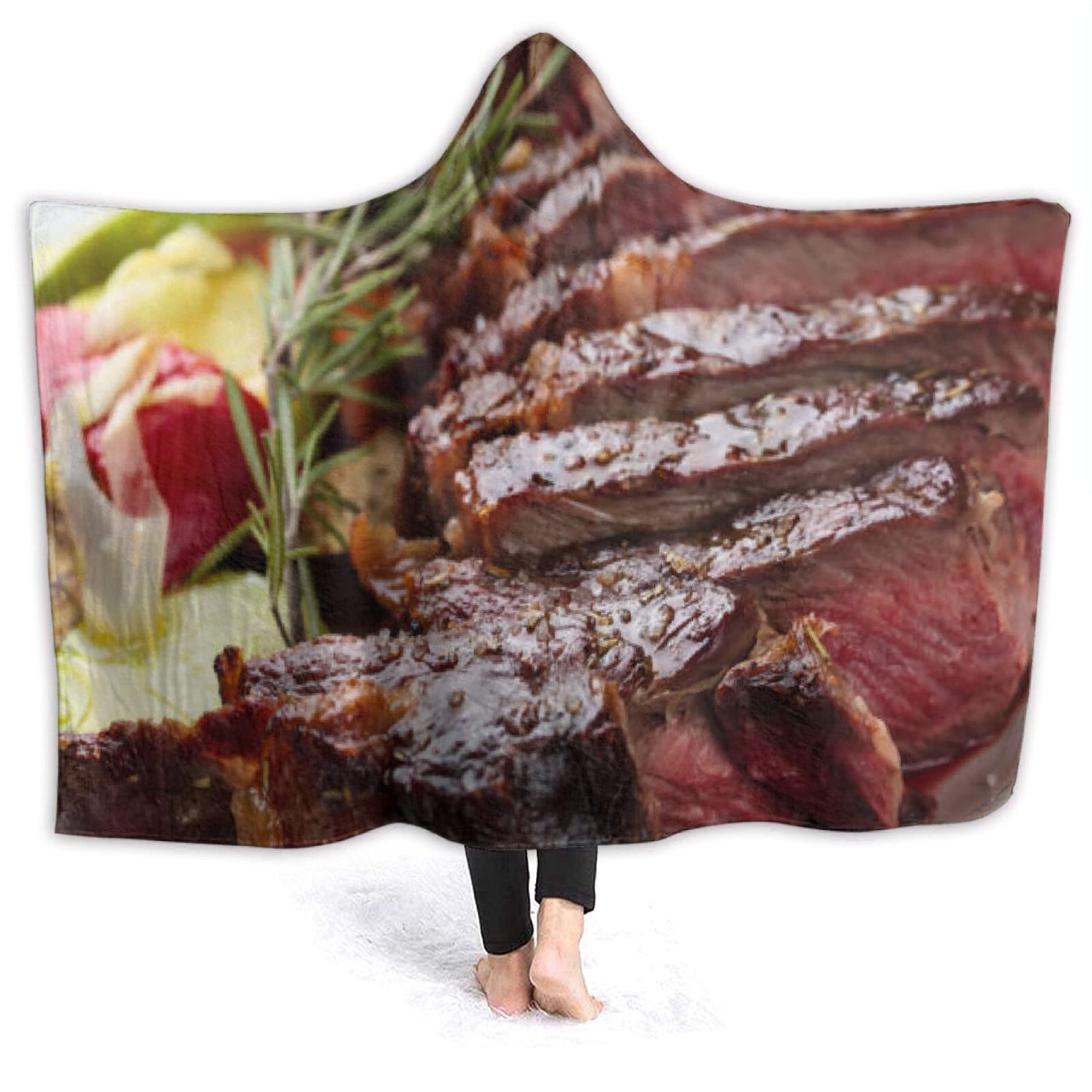Soft Flannel Beef Steak Hooded Blanket - Realistic Food Print Wearable Poncho for Adults & Kids - Cozy 60x50 Inch Throw Blanket for Bed, Sofa, Couch or Travel - Perfect for Movie Nights, Camping & Gifts