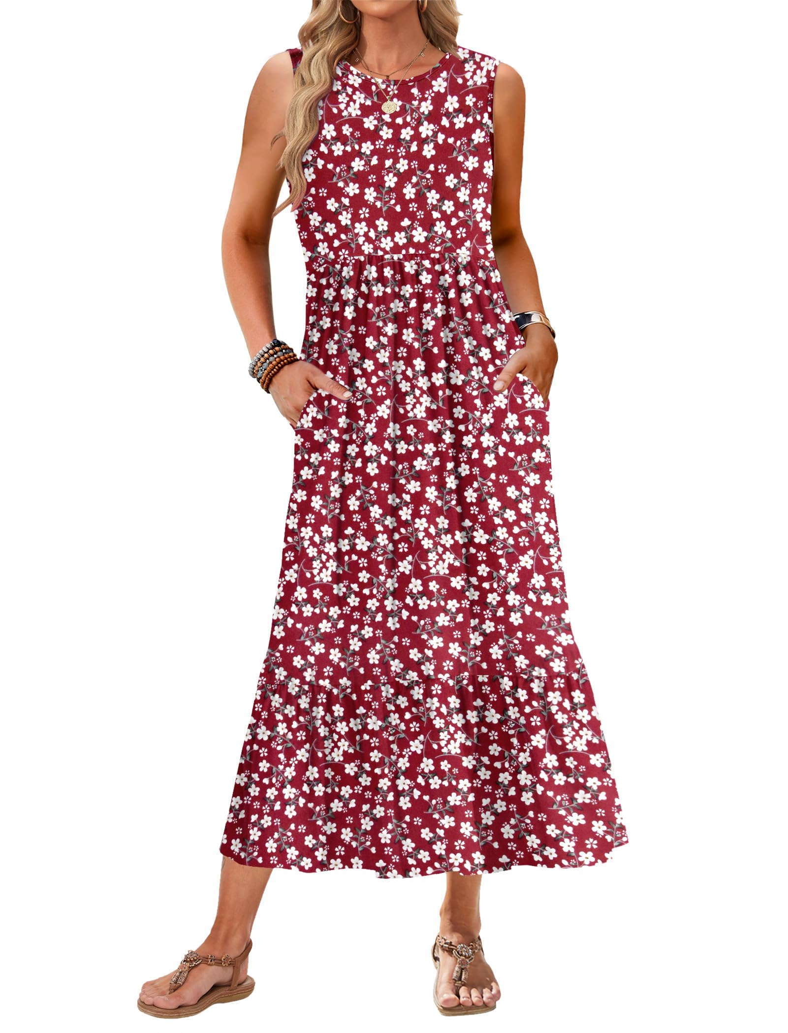 AUSELILY Women's Summer Dresses 2025 - Sleeveless Maxi Dress with Pockets, Crewneck Casual Flowy Tiered Sundress for Beach, Vacation & Outdoor Activities