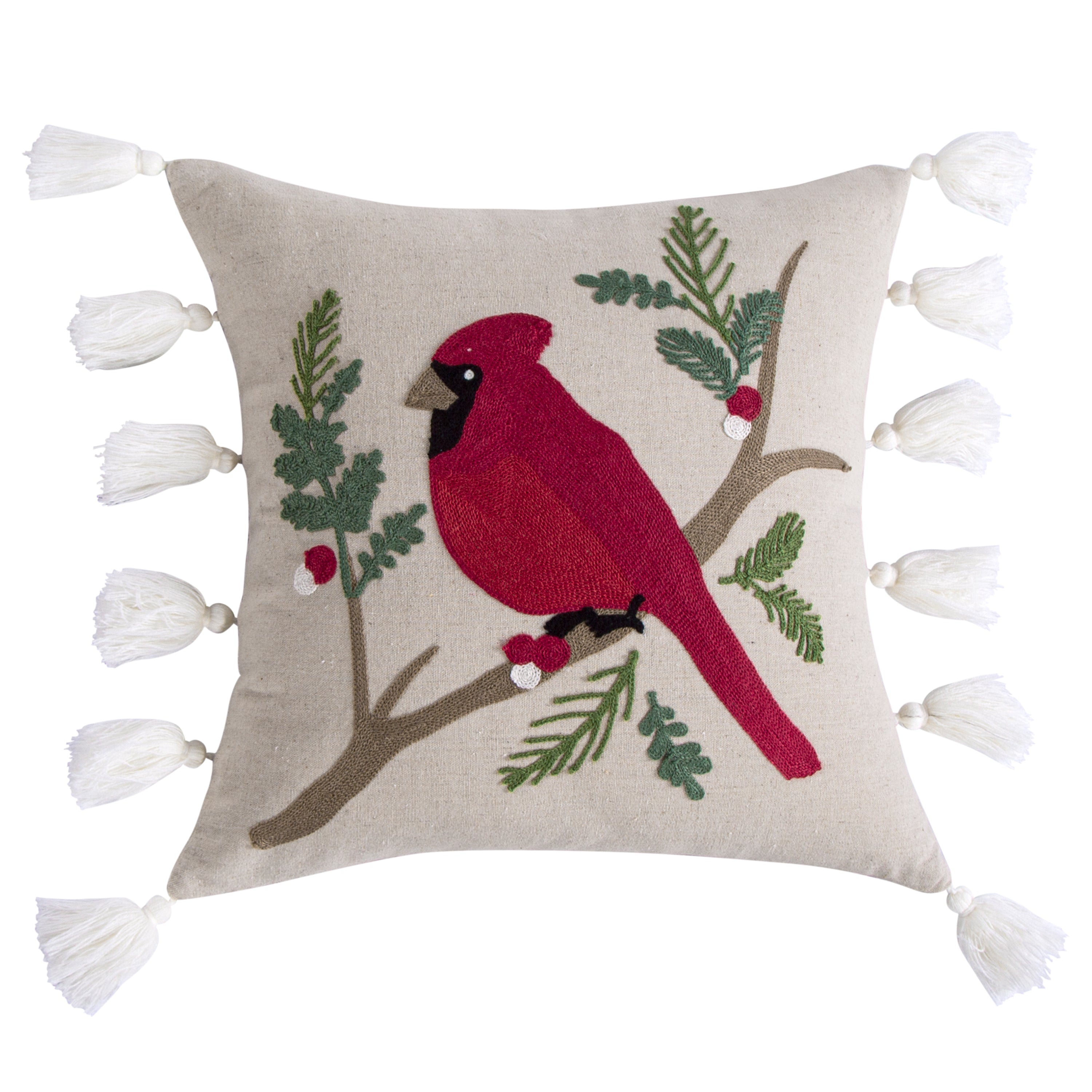 Joy Birds Cardinal Embroidered Tassel Pillow - Handmade Decorative Throw Pillow Cover for Sofa, Bed, Couch - Perfect for Living Room, Bedroom, Nursery Home Decor