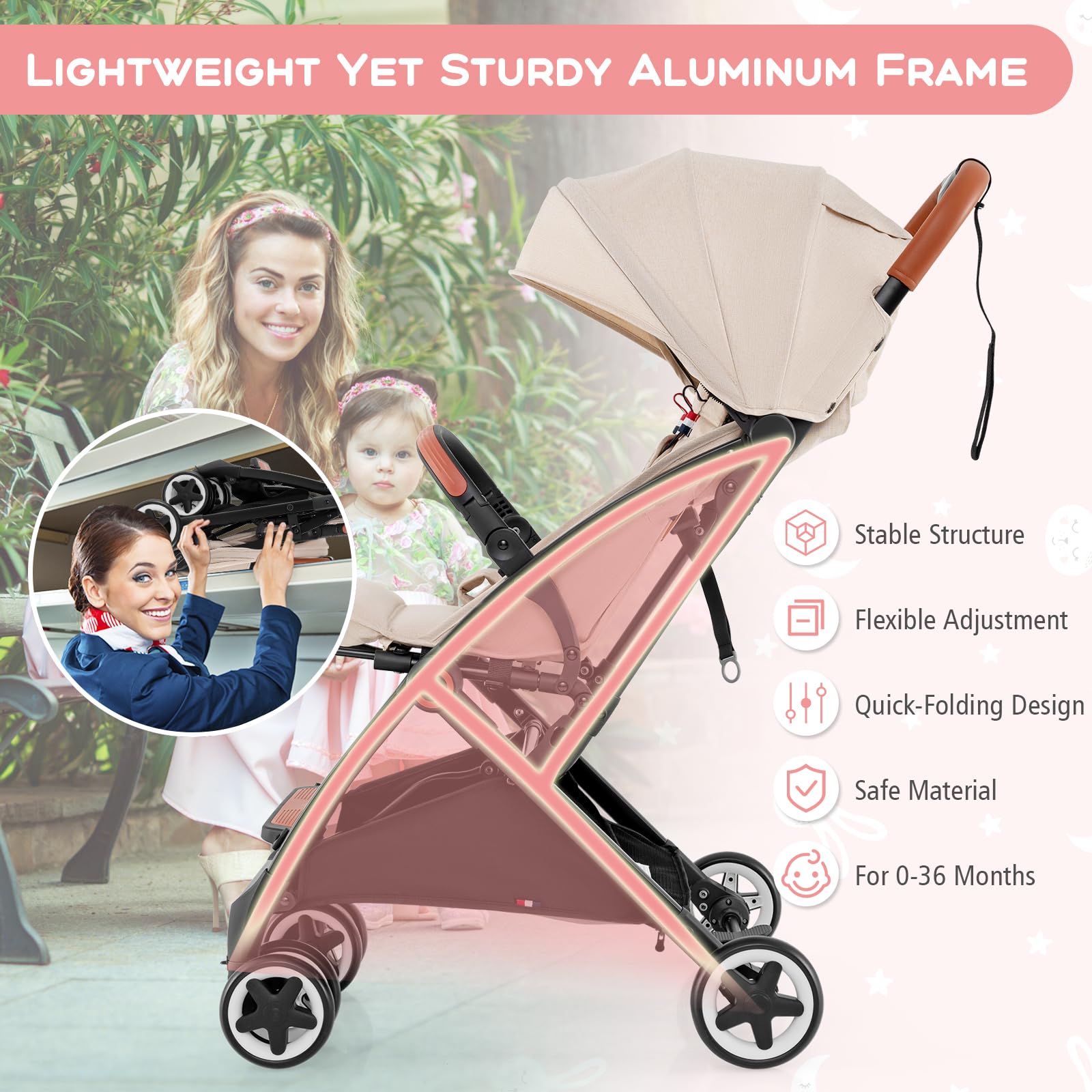 HONEY JOY Lightweight Baby Stroller - Compact One-Hand Fold Travel Stroller for Airplane, Fits Cabin & Overhead Bins, Self-Standing Toddler Stroller with Adjustable Backrest & Canopy (Beige) - Perfect for Air Travel, Shopping, and Daily Walks