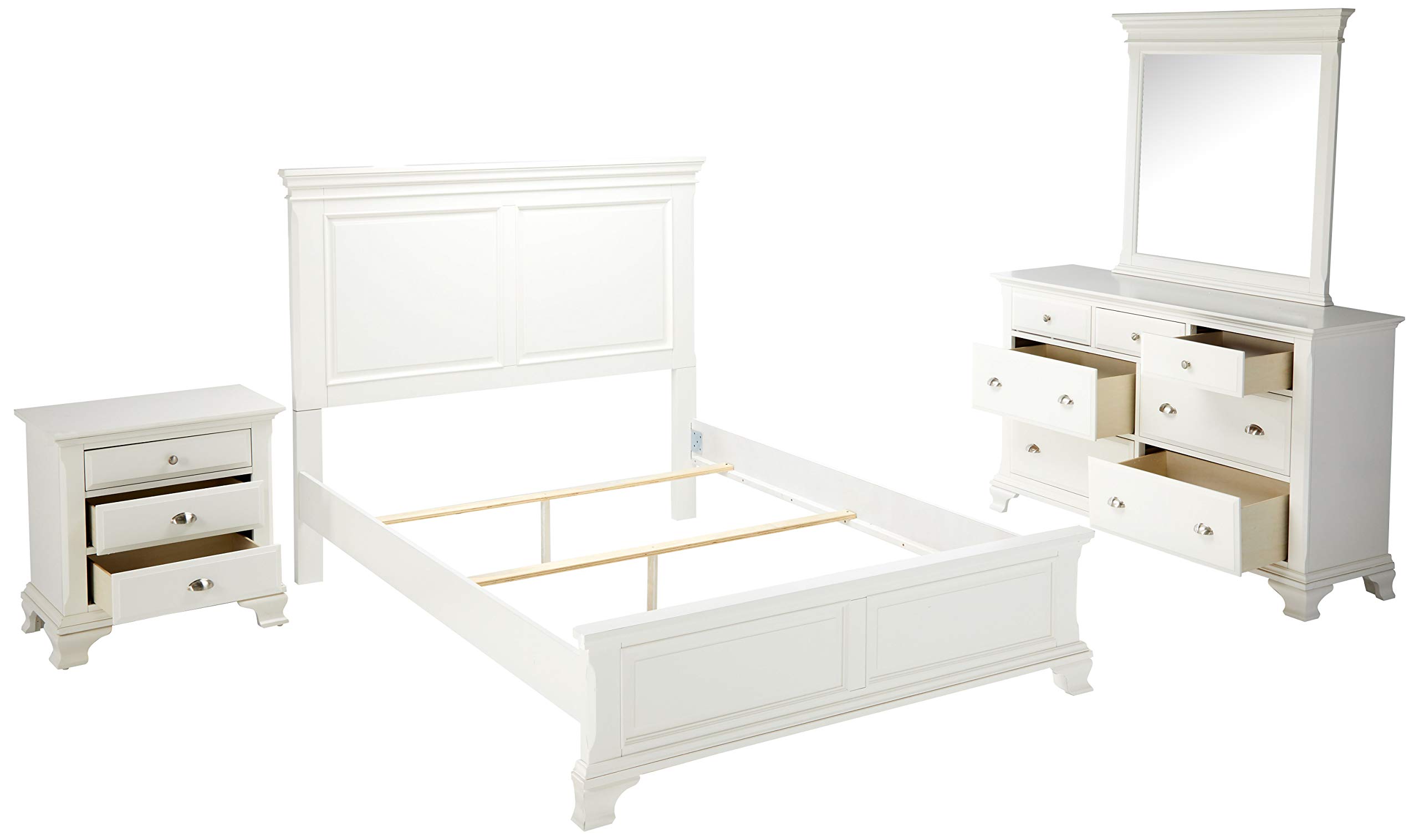Roundhill Furniture Laveno 012 White Wood Queen Bedroom Set - Modern Bed Frame, Nightstand & Dresser for Cozy Bedroom Decor