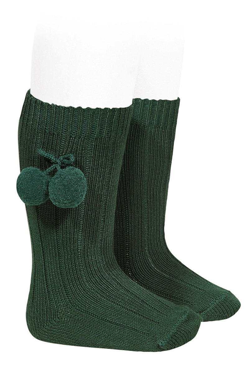 Stylish Bottle Green Knee High Pom Pom Socks for Women - Cozy Winter Fashion Accessory for Outfits & Gifts