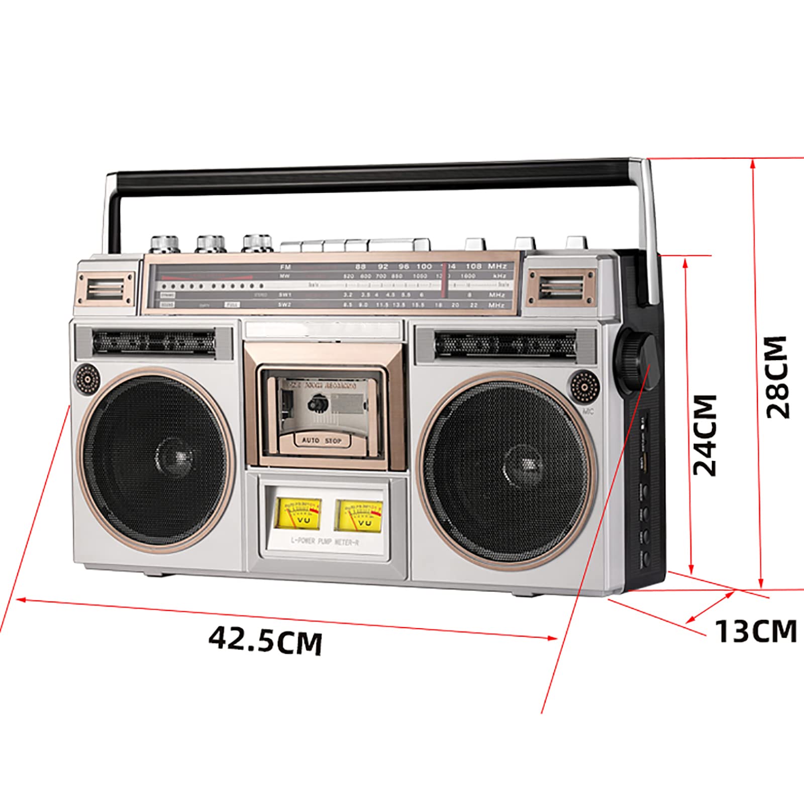 Portable Cassette Boombox with AM/FM Radio, Bluetooth 5.0, Built-in Stereo Speakers - Wireless Music Player for Home, Office & Outdoor Use - Compatible with Smartphones, Tablets & MP3 Players