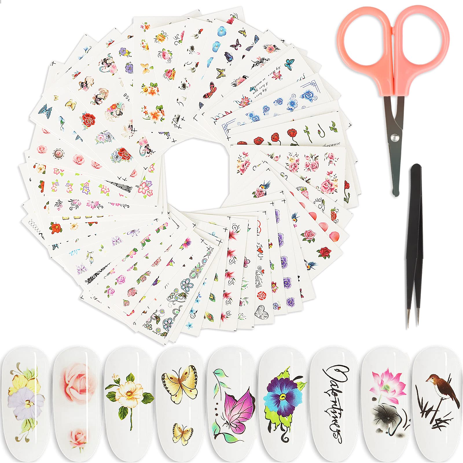 48 Sheets Floral Water Transfer Nail Art Stickers - DIY Nail Decals for Girls with Scissors & Tweezers - Perfect for Home Manicures, Parties & Gifts