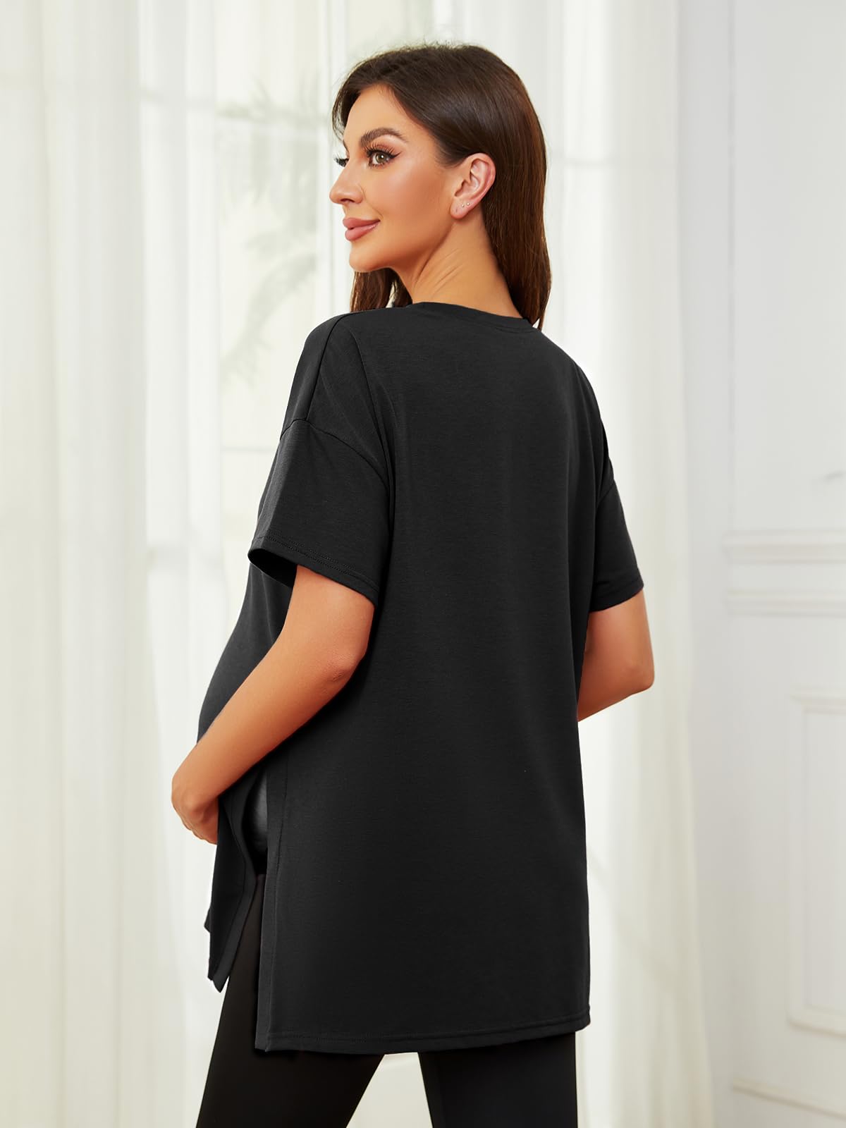 Ecavus Women's Maternity Tops - Soft & Stretchy Short Sleeve Pregnancy Shirts with Side Split Design, Loose Fit Nursing Blouse for Casual Wear | Perfect for Work, Shopping & Maternity Photos