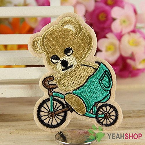 Biking Bear Iron on Fabric Patch - DIY Sewing & Embroidered Applique for Jackets, Jeans & Backpacks - FP50 - Perfect for Customizing Denim, Hats & DIY Crafts