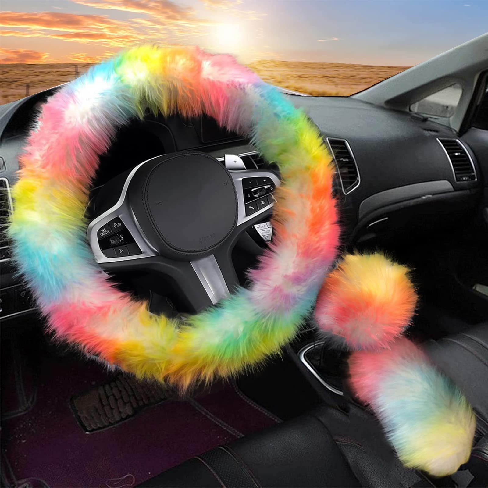 LUOYOYY Multicolor Rainbow Fluffy Steering Wheel Cover - Soft & Colorful Car Accessories for Women, Universal Fit for Most Cars - Perfect for Daily Commute, Road Trips & Personalizing Your Vehicle (Multicolor)
