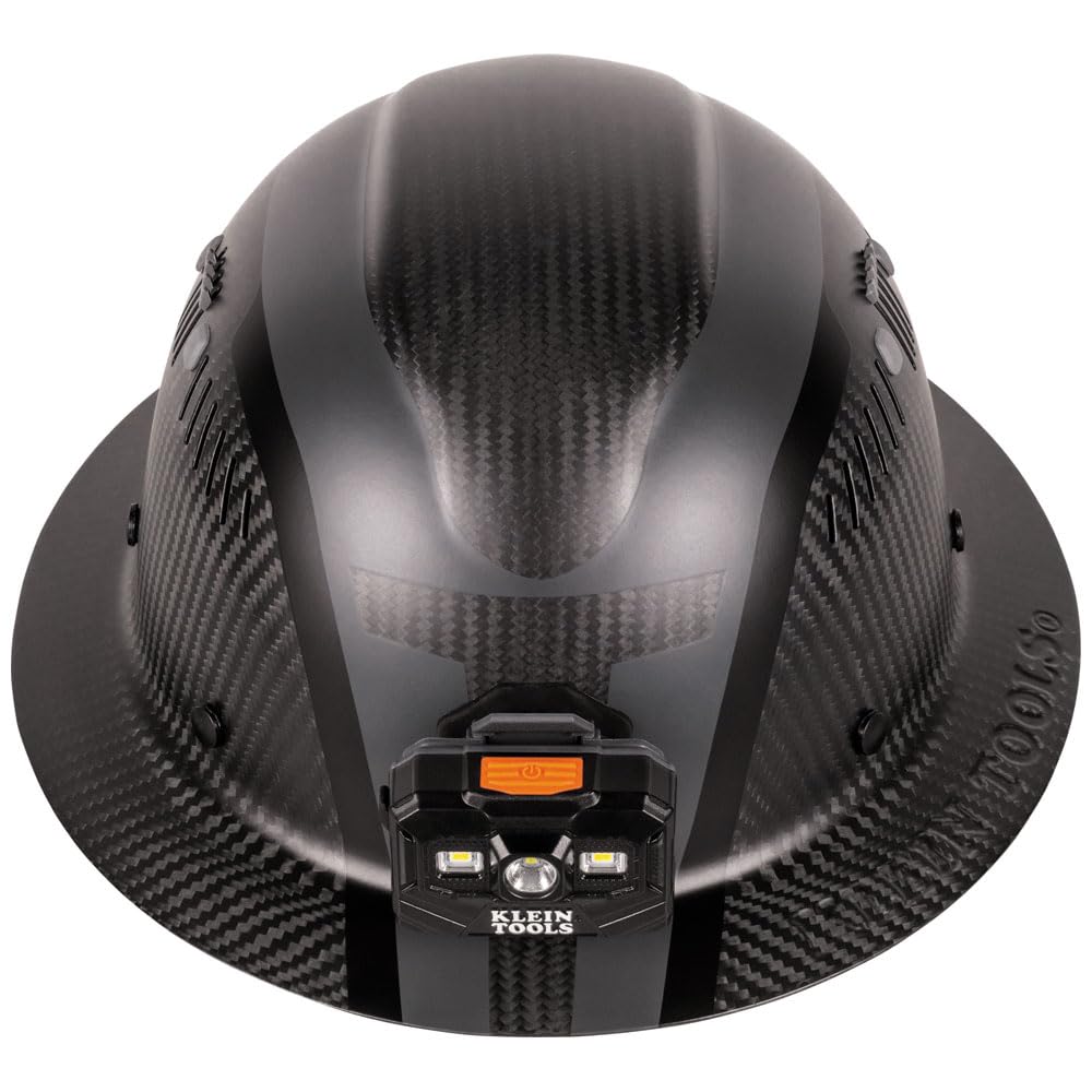 Klein Tools 60514 K12 Series Carbon Fiber Full Brim Hard Hat with Rechargeable Headlamp - Vented Class C Type 1 Spartan Helmet for Construction, Electrical Work & Industrial Safety