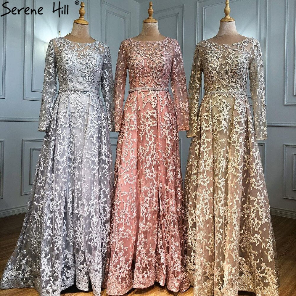 Elegant Muslim Grey A-Line Evening Dress with Lace & Beading - Luxury Women's Gown for Weddings & Special Occasions | Perfect for Formal Events, Galas & Evening Parties | Serene Hill Collection LA71211