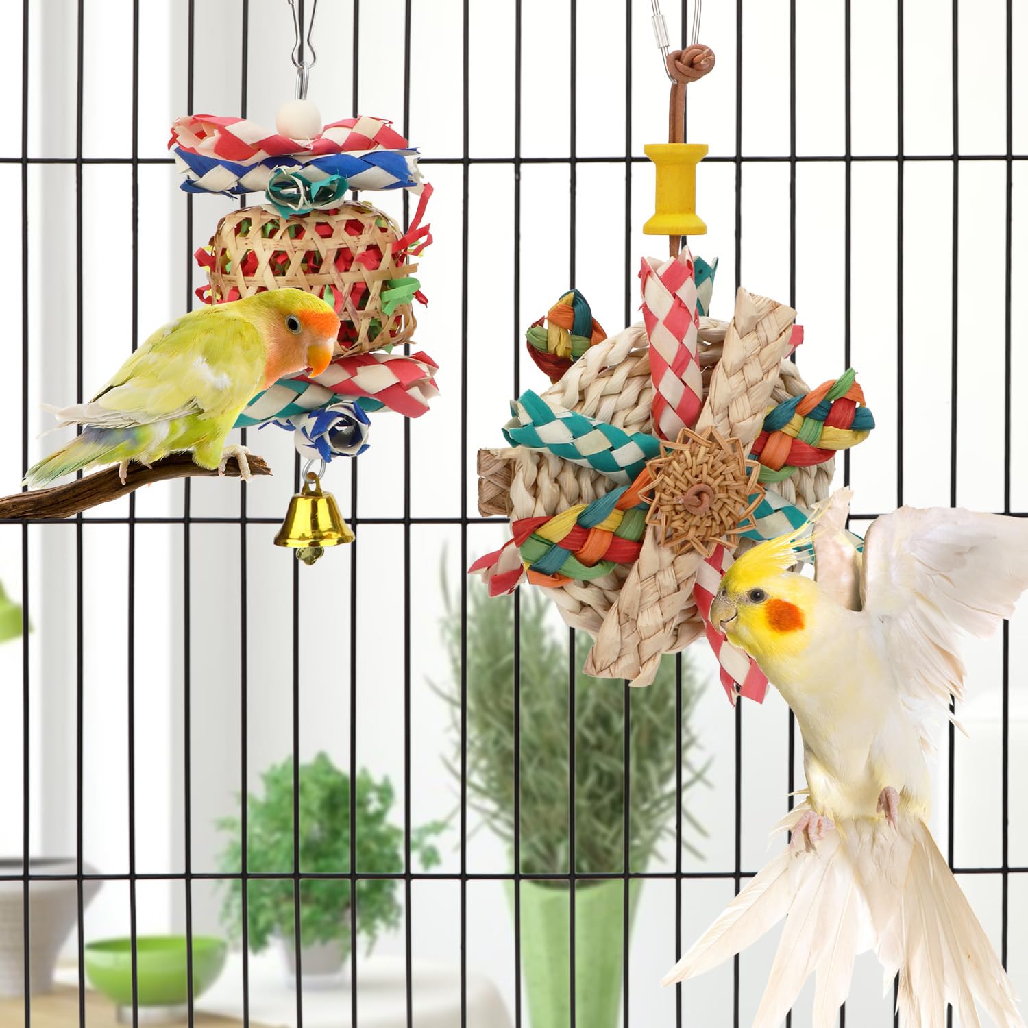 Natural Seagrass Woven Foraging Basket with Bell - Bird Chewing Toys for Parrots, Cockatiels, Sun Parakeets, Budgies & Lovebirds (2-Piece Set: Bite Cake + Woven Basket) - Perfect for Cage Enrichment & Mental Stimulation